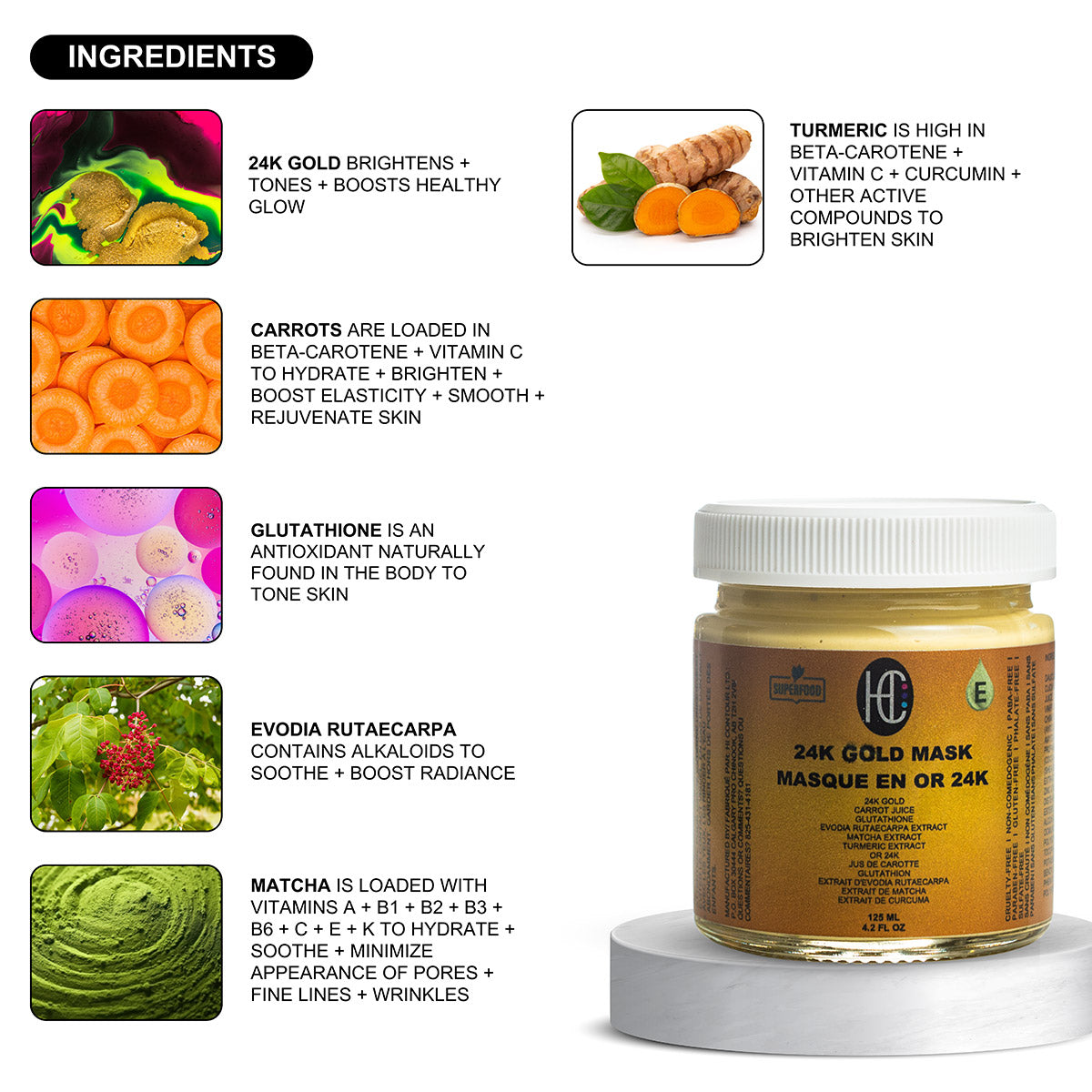 24K Gold Radiance Mask – Anti-Aging Weekly Face Mask | Fresh Carrot Juice, Matcha & Turmeric | Glutathione & Vitamin E | 125mL / 4.2 fl oz