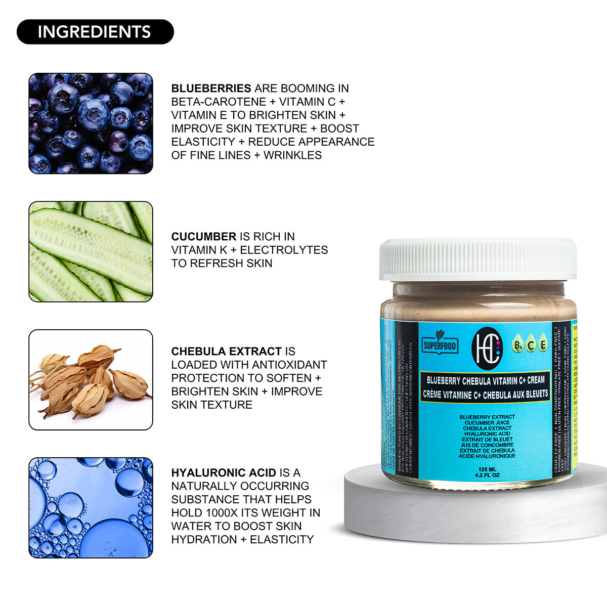 Blueberry Chebula Vitamin C+ Face Cream – Daily Anti-Aging, Brightening & Hydrating Moisturizer | Fresh Blueberry, Cucumber & Chebula Extract + Hyaluronic Acid + Vitamins B5, C & E | 125mL