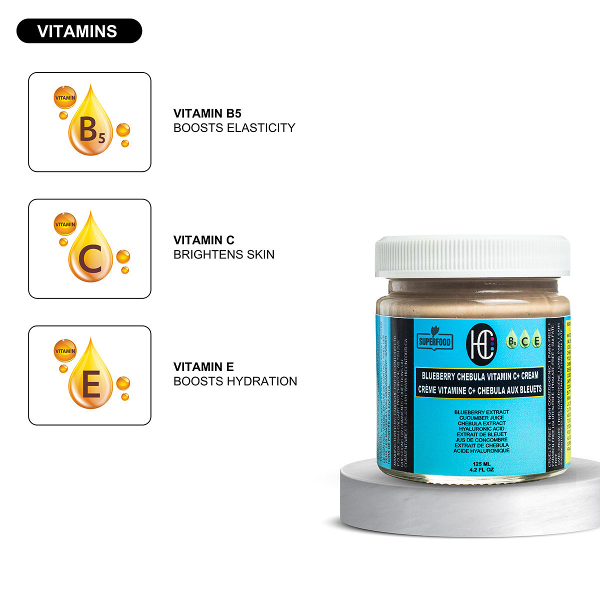 Blueberry Chebula Vitamin C+ Face Cream – Daily Anti-Aging, Brightening & Hydrating Moisturizer | Fresh Blueberry, Cucumber & Chebula Extract + Hyaluronic Acid + Vitamins B5, C & E | 125mL