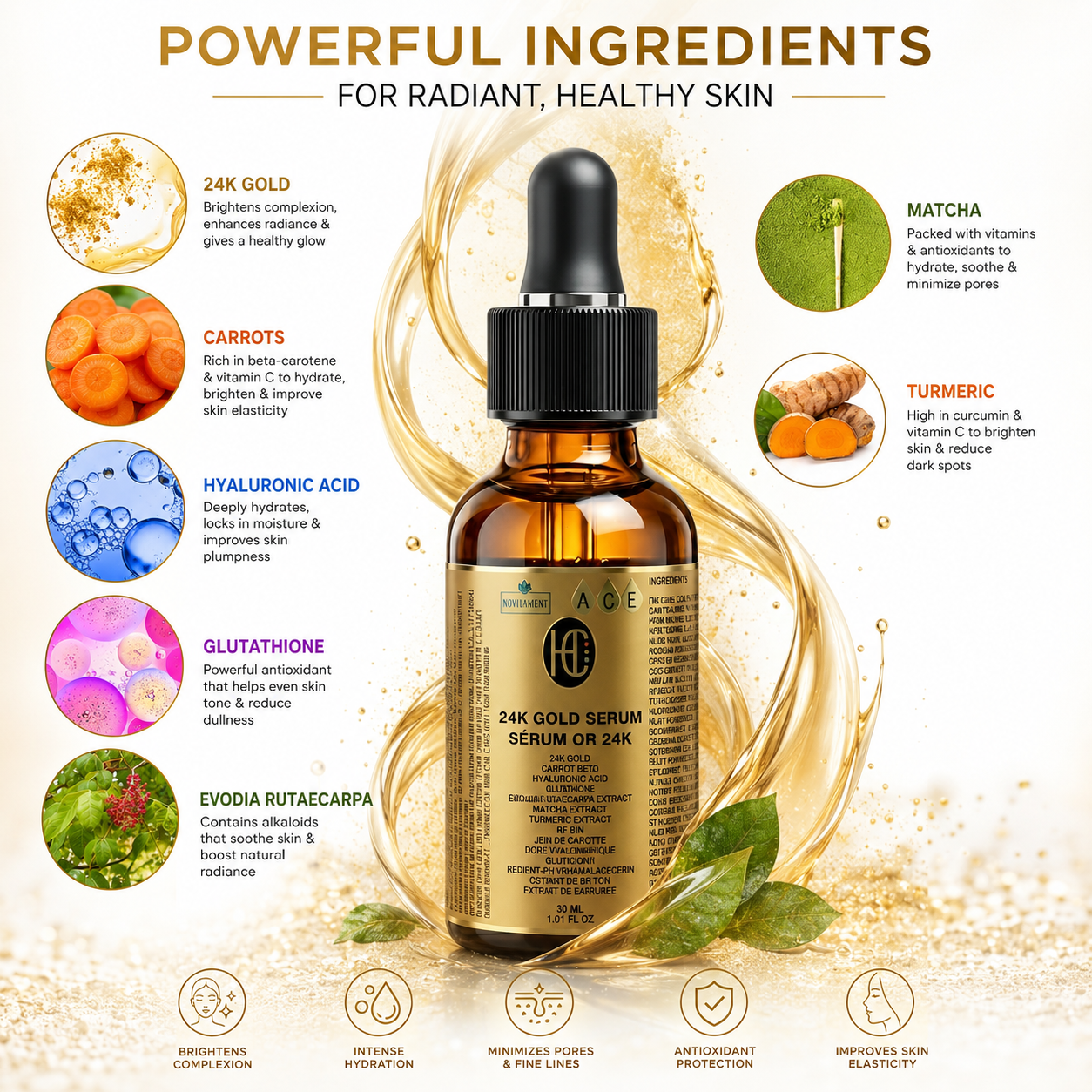 24K Gold Radiance Serum – Anti-Aging Daily Face Elixir | Fresh Carrot Juice, Hyaluronic Acid, Glutathione & Vitamins B5, C, E | Matcha & Turmeric | 30mL / 1.01 fl oz