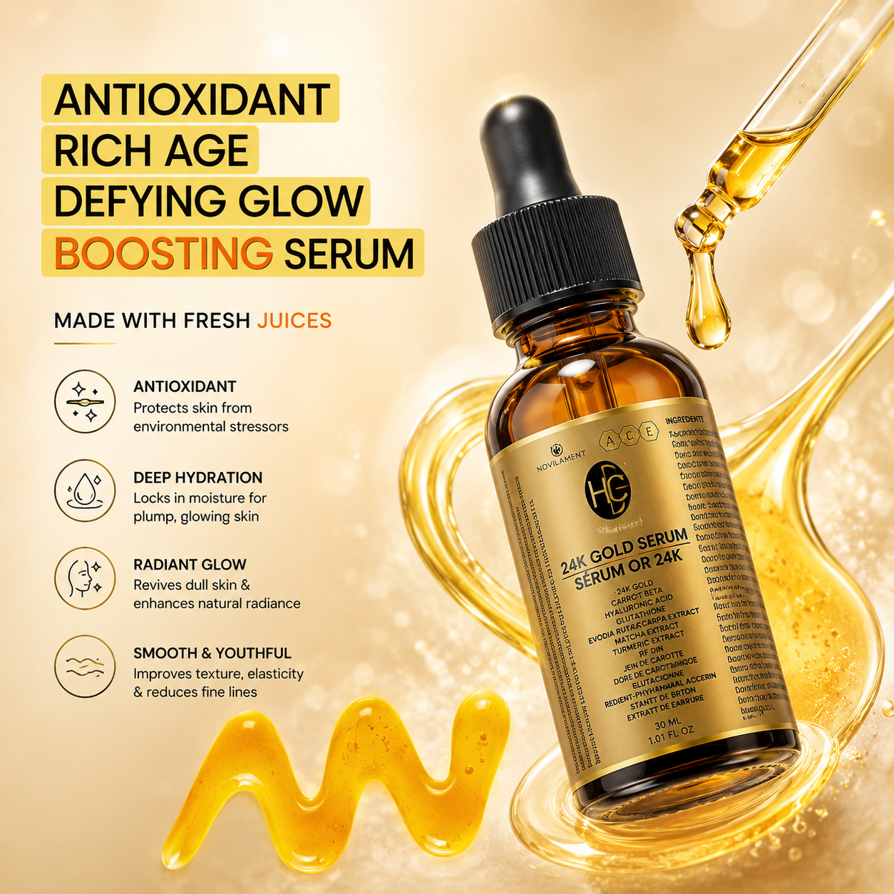 24K Gold Radiance Serum – Anti-Aging Daily Face Elixir | Fresh Carrot Juice, Hyaluronic Acid, Glutathione & Vitamins B5, C, E | Matcha & Turmeric | 30mL / 1.01 fl oz