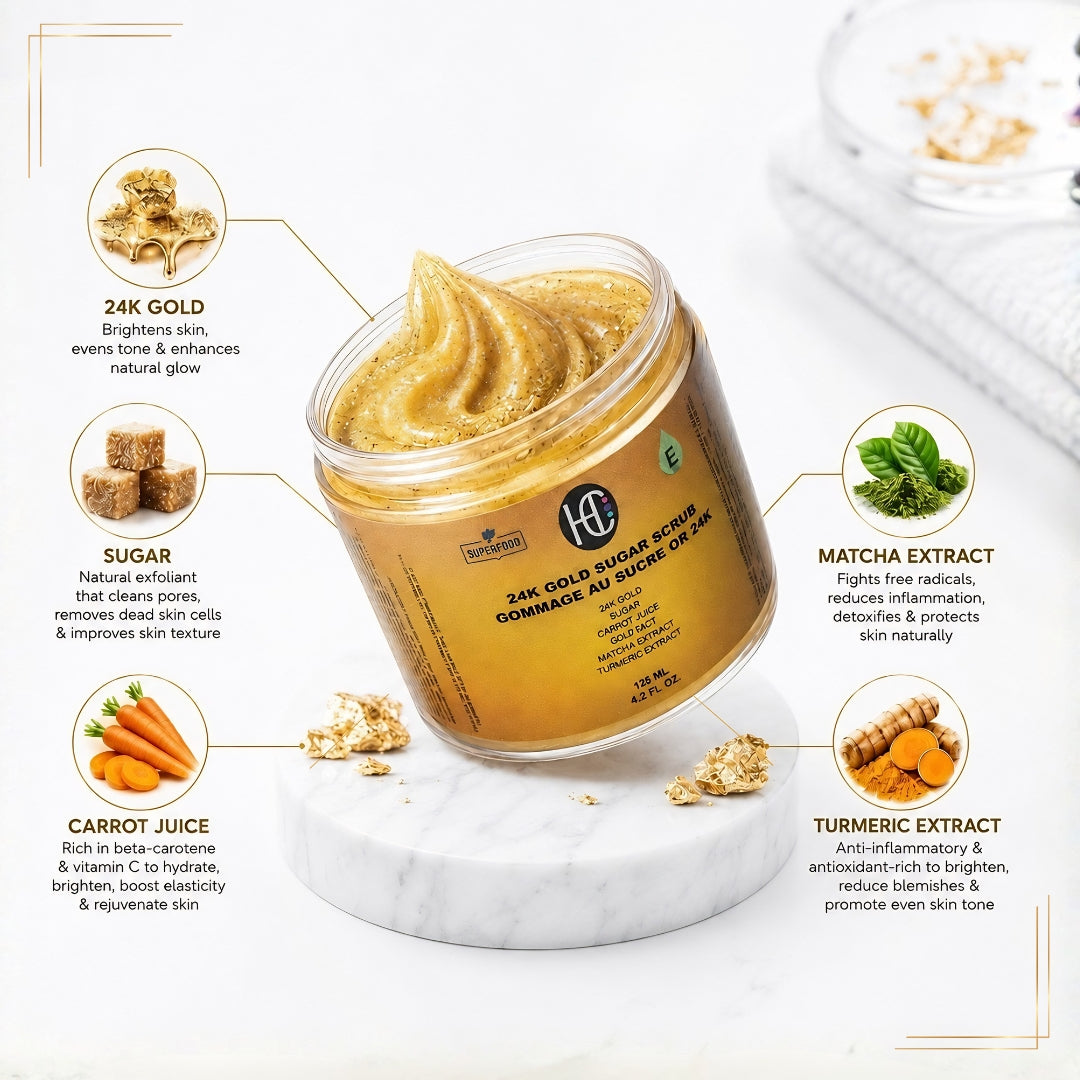 24K Gold Radiance Sugar Scrub – Anti-Aging Face & Body Exfoliator | Fresh Carrot Juice, Matcha & Turmeric | Natural Sugar Crystals | 125mL / 4.2 fl oz