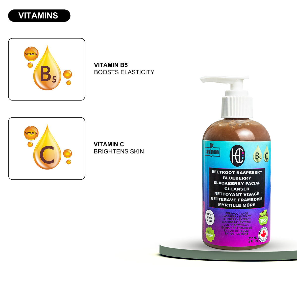 Berry & Beetroot Facial Cleanser – Daily Hydrating Face Wash | Fresh Beetroot Juice + Raspberry, Blueberry & Blackberry Extracts | Avocado Oil, Vitamin B5 & Vitamin C | 237mL