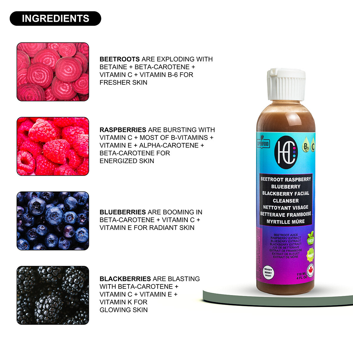 Beetroot & Berry Antioxidant Facial Cleanser – Daily Hydrating Face Wash with Vitamin C & B5 | Removes Oil, Dirt & Makeup | 118mL / 4 fl oz