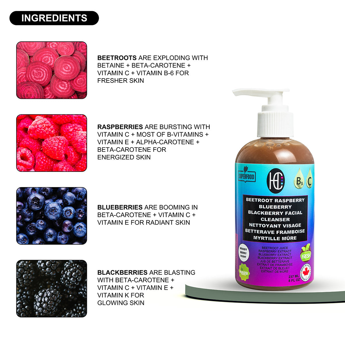 Berry & Beetroot Facial Cleanser – Daily Hydrating Face Wash | Fresh Beetroot Juice + Raspberry, Blueberry & Blackberry Extracts | Avocado Oil, Vitamin B5 & Vitamin C | 237mL