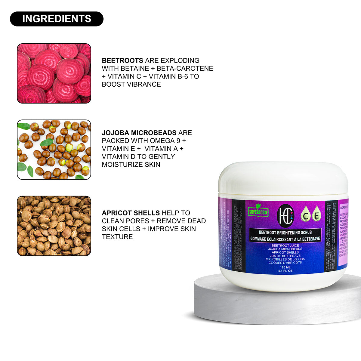 Beetroot Brightening Scrub – Daily Exfoliating Face & Body Polish | Beetroot Juice + Jojoba Microbeads + Apricot Shells + Vitamin C & E | 120mL