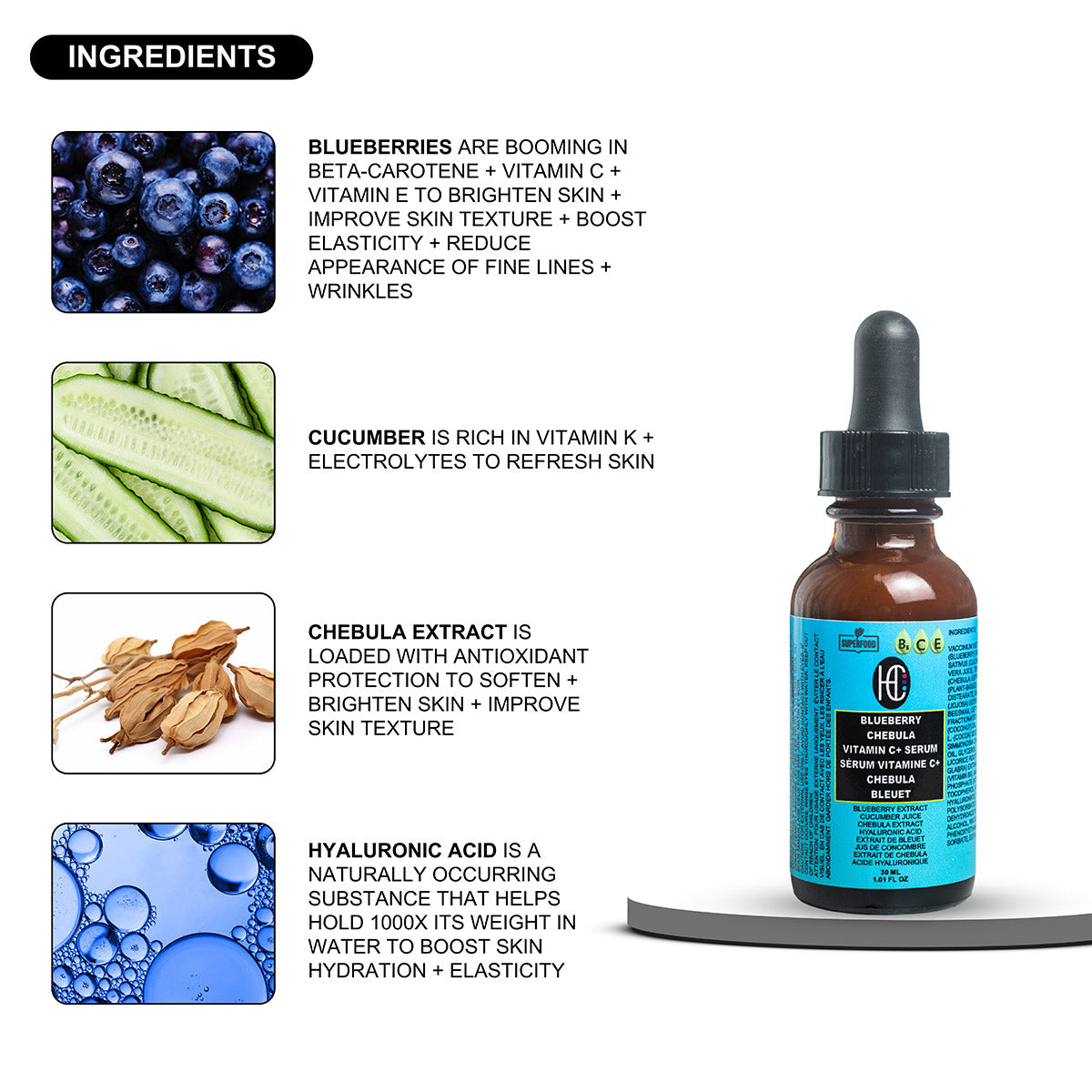 Blueberry Chebula Vitamin C+ Face Serum – Brightening & Hydrating | Hyaluronic Acid + Vitamin B5 & E | 30ML