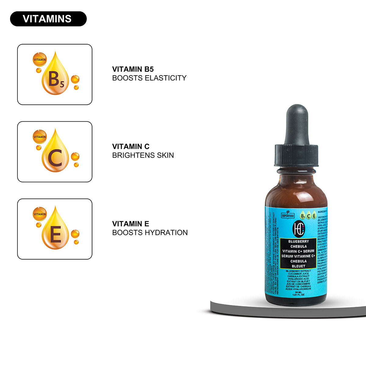 Blueberry Chebula Vitamin C+ Face Serum – Brightening & Hydrating | Hyaluronic Acid + Vitamin B5 & E | 30ML