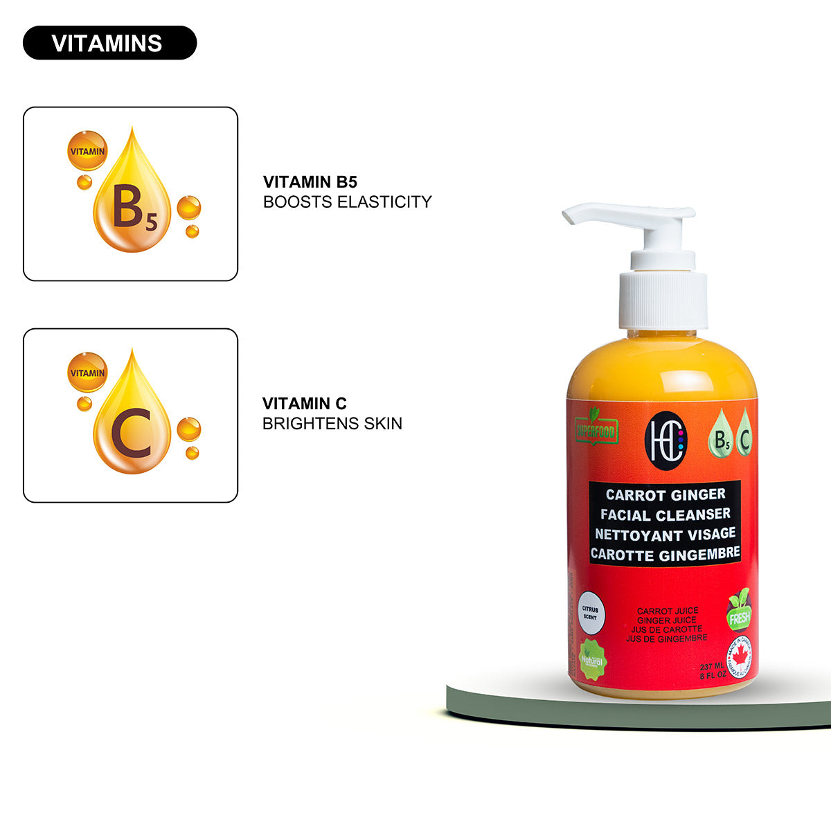 Carrot Ginger Facial Cleanser – Brightening Daily Face Wash with Vitamin C & B5 | Removes Oil, Dirt & Makeup | 237ml / 8 fl oz