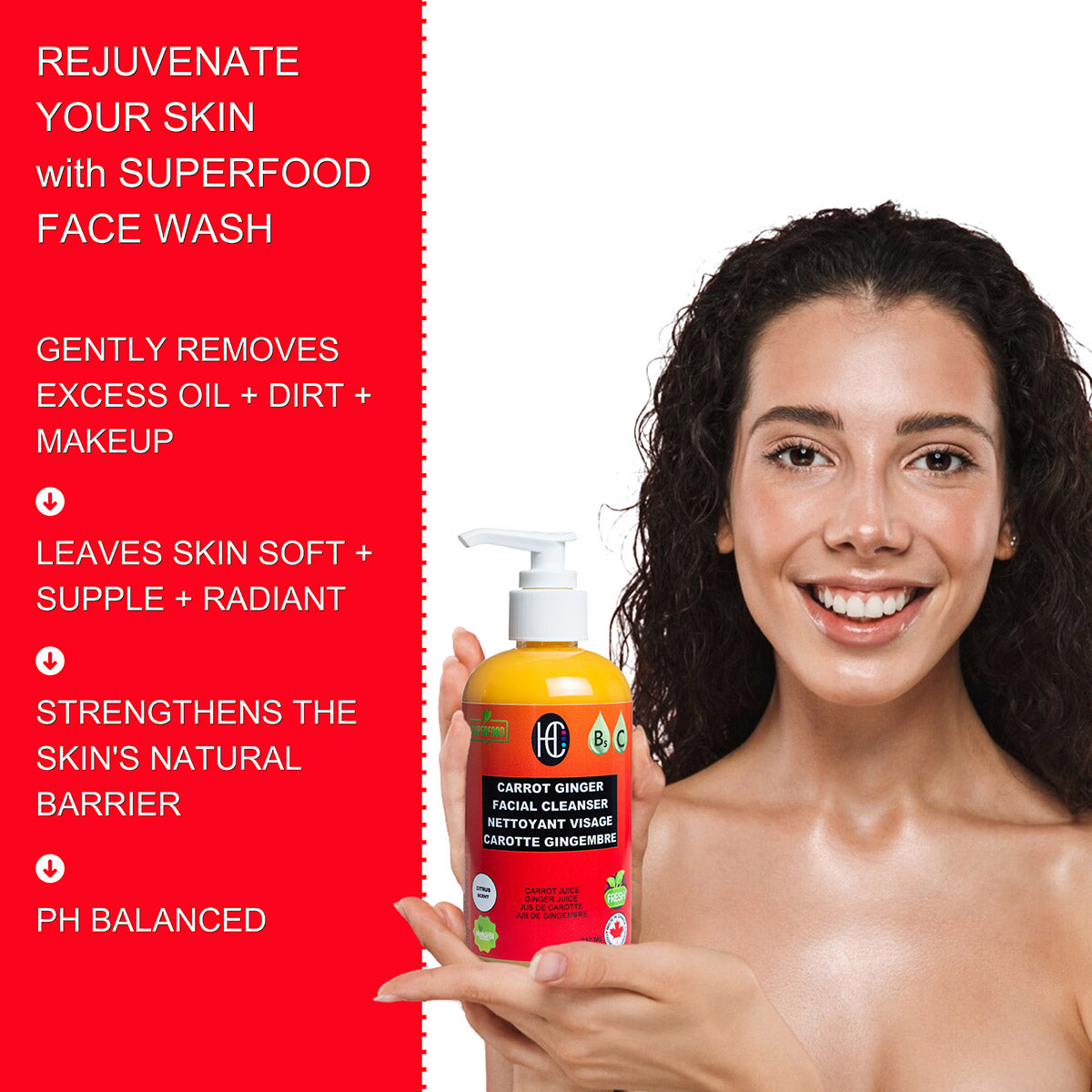 Carrot Ginger Facial Cleanser – Brightening Daily Face Wash with Vitamin C & B5 | Removes Oil, Dirt & Makeup | 237ml / 8 fl oz