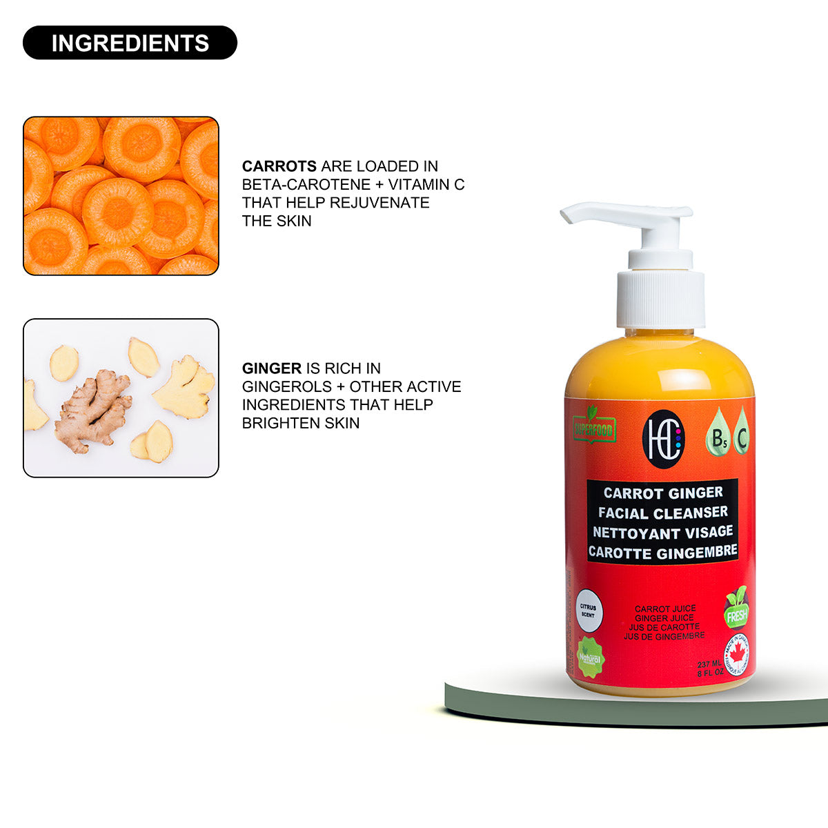 Carrot Ginger Facial Cleanser – Brightening Daily Face Wash with Vitamin C & B5 | Removes Oil, Dirt & Makeup | 237ml / 8 fl oz