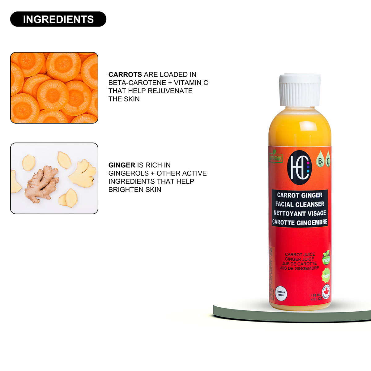 Carrot & Ginger Facial Cleanser – Daily Hydrating Face Wash | Fresh Carrot & Ginger Juice | Avocado Oil, Vitamin B5 & Vitamin C | 118mL