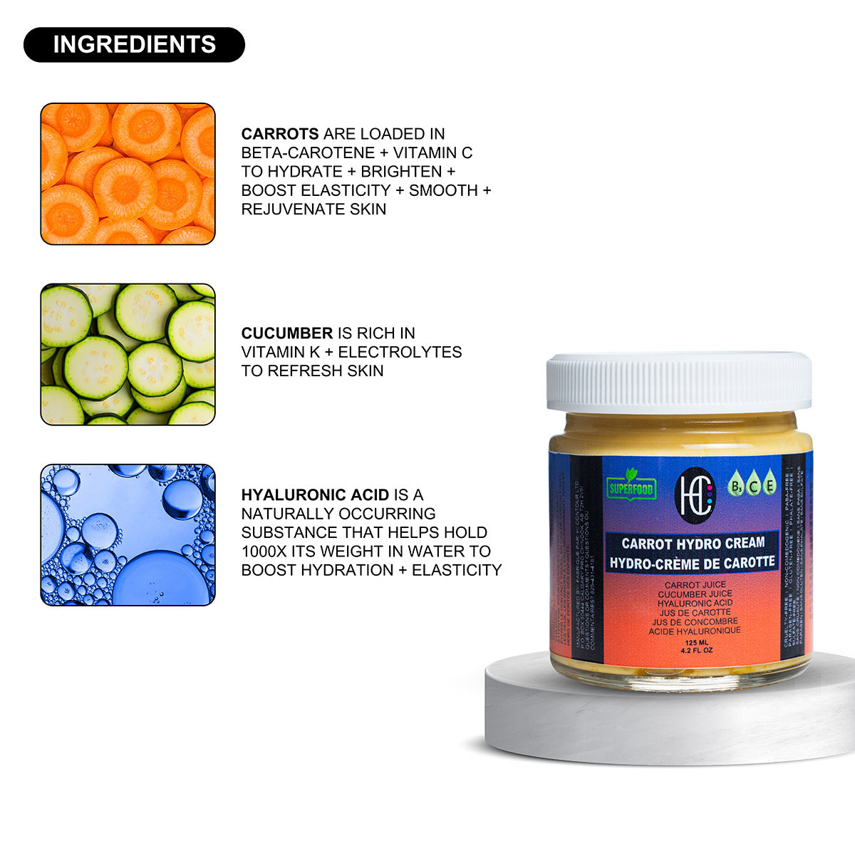 Carrot Hydro Cream – Daily Deep Hydration Face Cream | Fresh Carrot & Cucumber Juice + Hyaluronic Acid + Vitamins B5, C & E | 125mL
