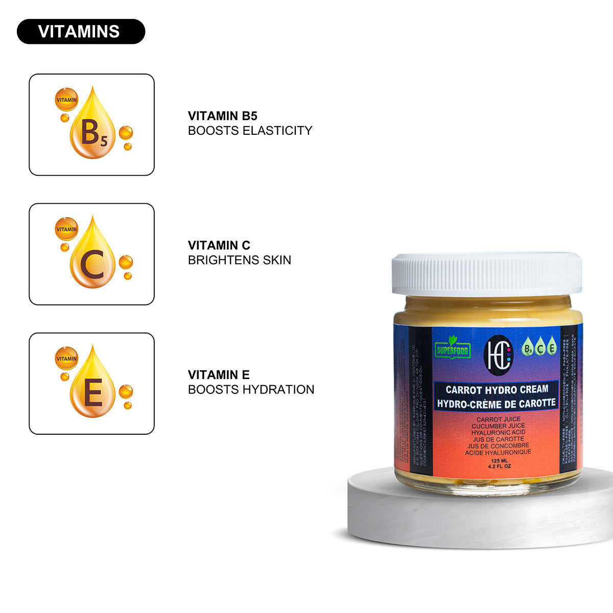 Carrot Hydro Cream – Daily Deep Hydration Face Cream | Fresh Carrot & Cucumber Juice + Hyaluronic Acid + Vitamins B5, C & E | 125mL