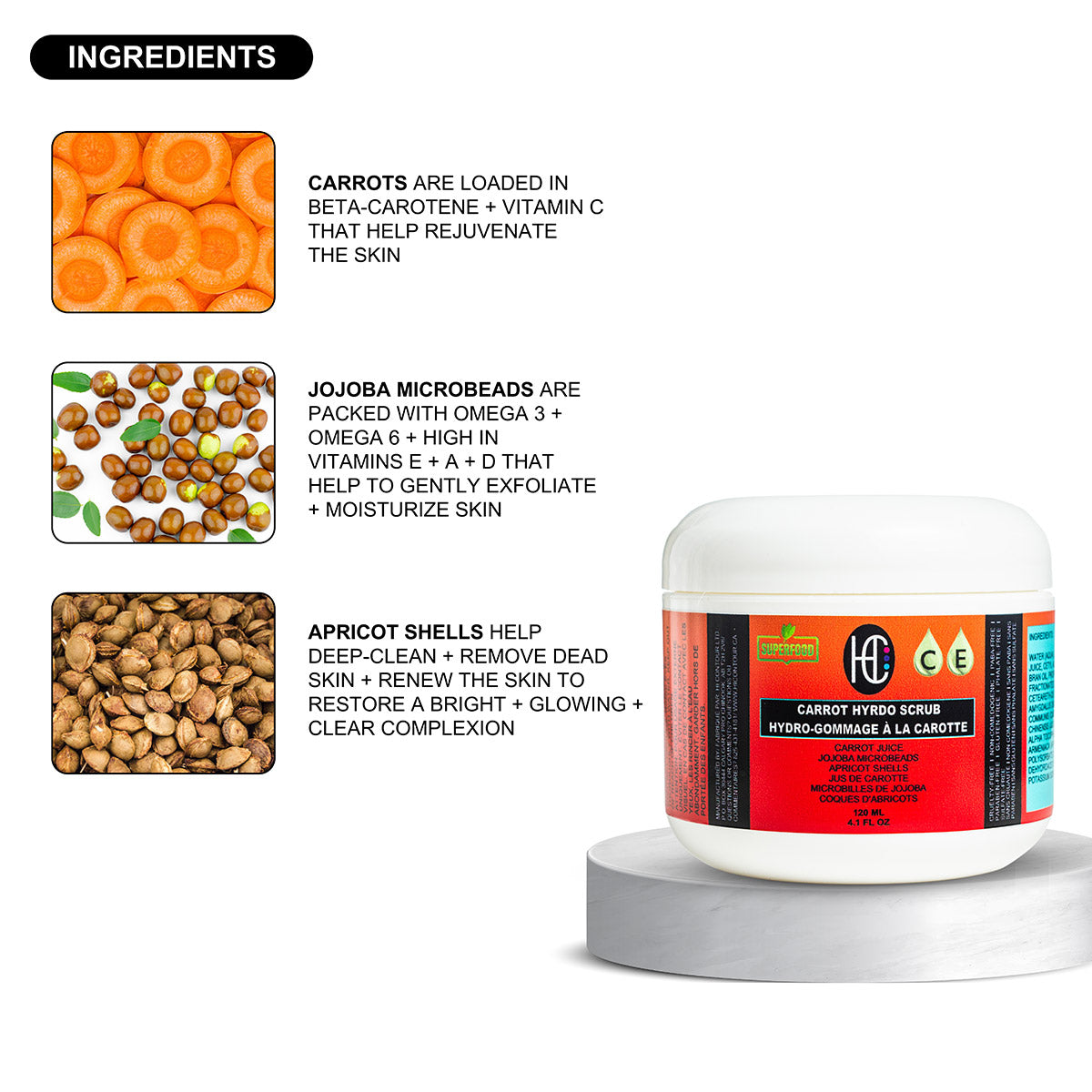 Carrot Hydro Scrub – Daily Face & Body Exfoliator | Fresh Carrot Juice + Jojoba Beads + Vitamin C & E | 120mL