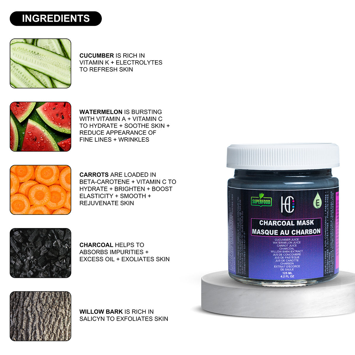 Charcoal Purifying Face Mask – Weekly Detox & Pore-Clearing Treatment | Charcoal + Willow Bark + Fresh Cucumber, Watermelon & Carrot Juice + Vitamin E | 125mL