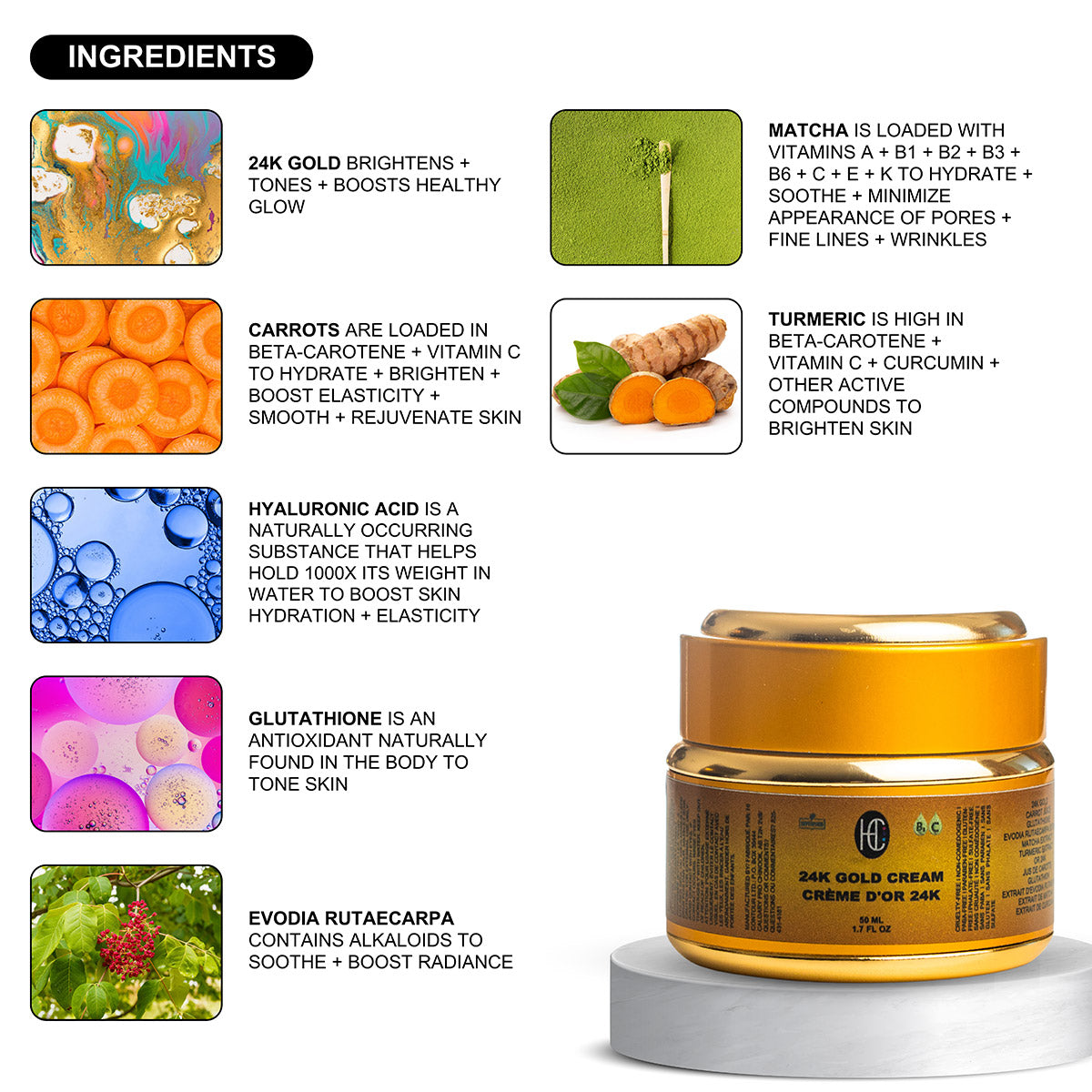 24K Gold Glow Cream – Daily Radiance & Hydration Face Moisturizer with Fresh Carrot Juice, Hyaluronic Acid & Glutathione | Matcha & Turmeric Extracts | Vitamin B5 & C | 50mL / 1.7 fl oz