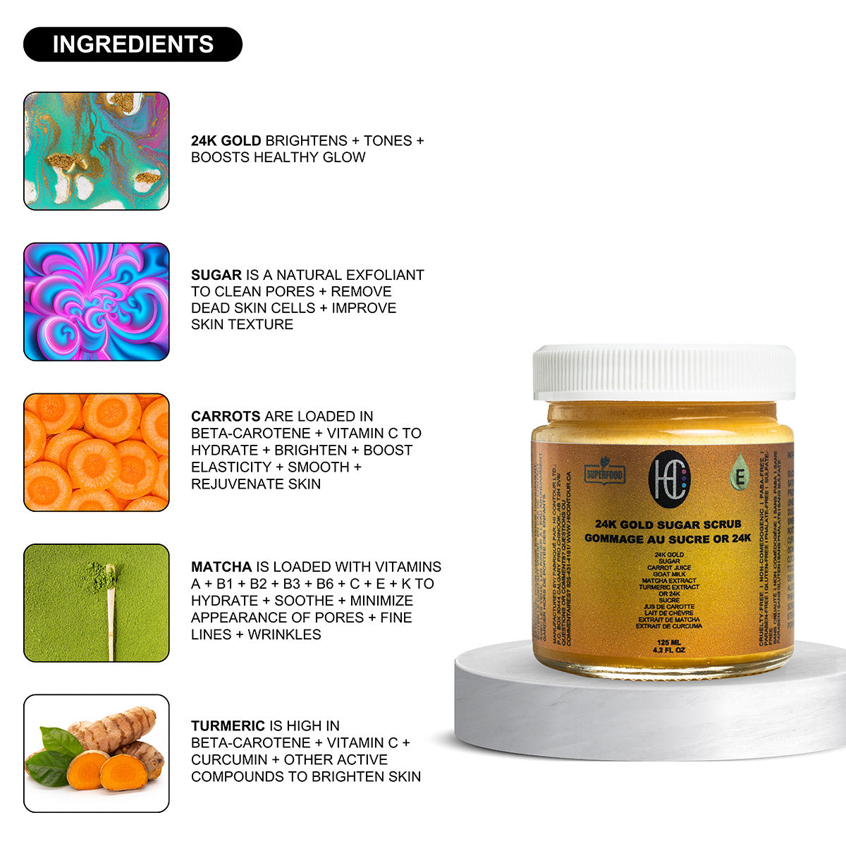 24K Gold Radiance Sugar Scrub – Anti-Aging Face & Body Exfoliator | Fresh Carrot Juice, Matcha & Turmeric | Natural Sugar Crystals | 125mL / 4.2 fl oz