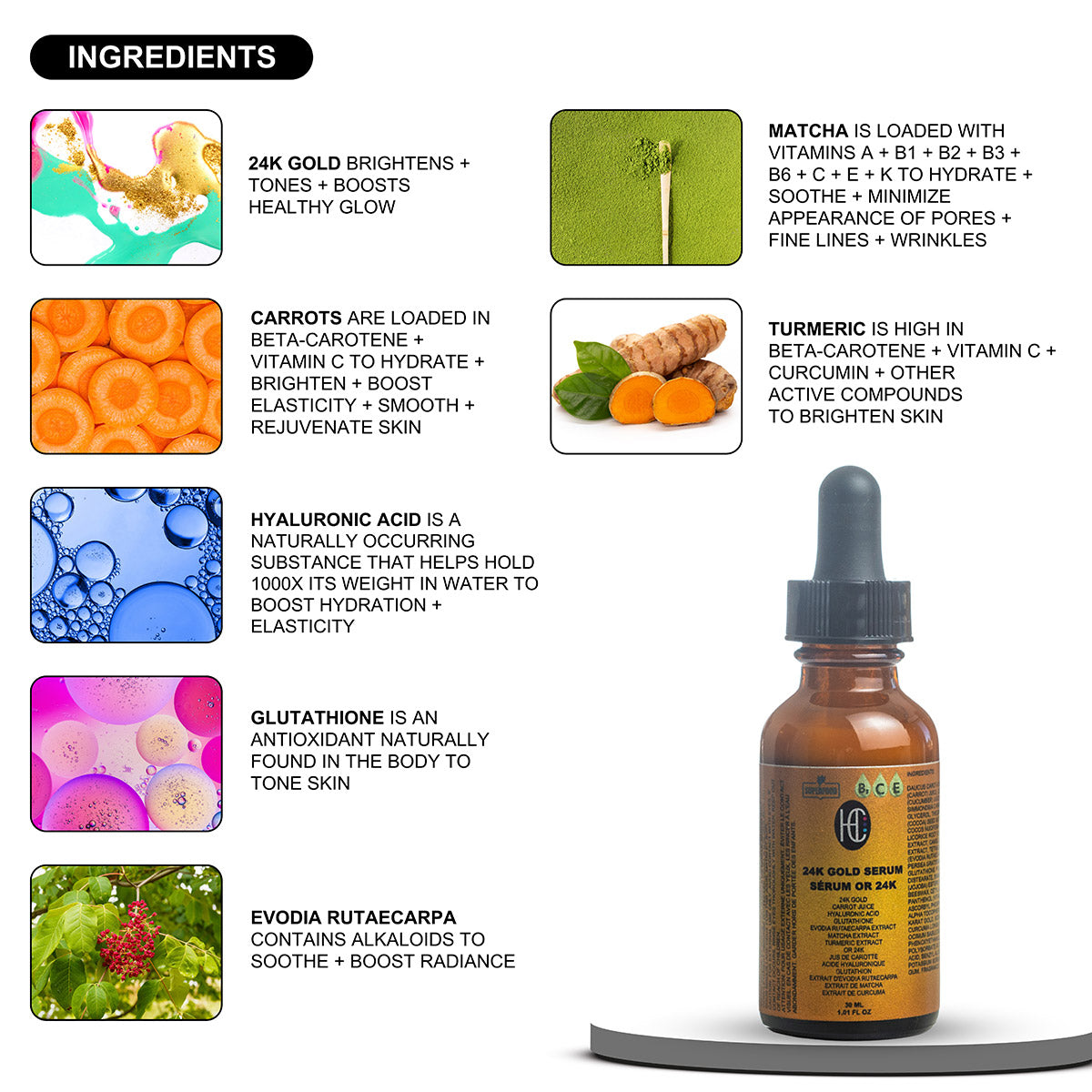 24K Gold Radiance Serum – Anti-Aging Daily Face Elixir | Fresh Carrot Juice, Hyaluronic Acid, Glutathione & Vitamins B5, C, E | Matcha & Turmeric | 30mL / 1.01 fl oz