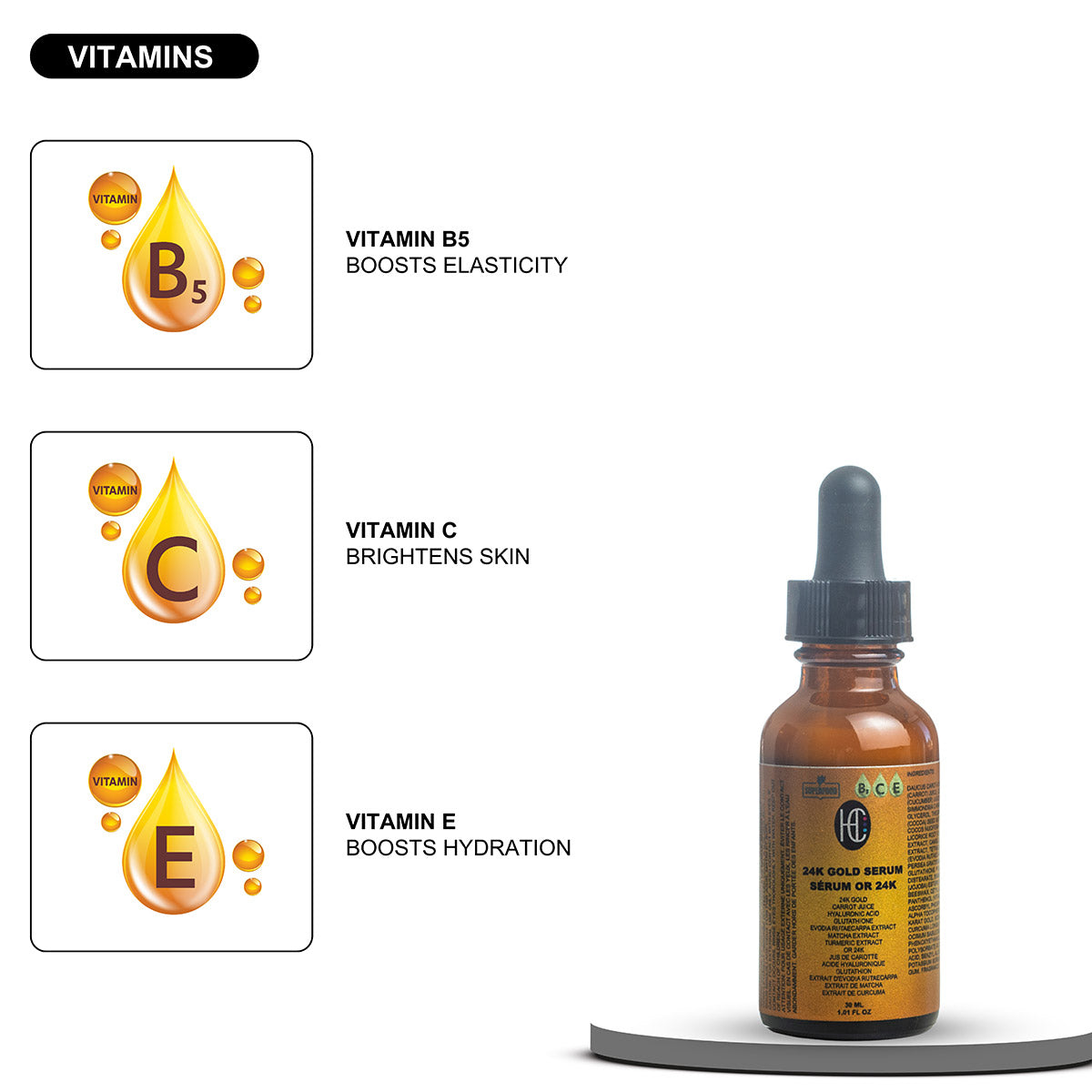24K Gold Radiance Serum – Anti-Aging Daily Face Elixir | Fresh Carrot Juice, Hyaluronic Acid, Glutathione & Vitamins B5, C, E | Matcha & Turmeric | 30mL / 1.01 fl oz
