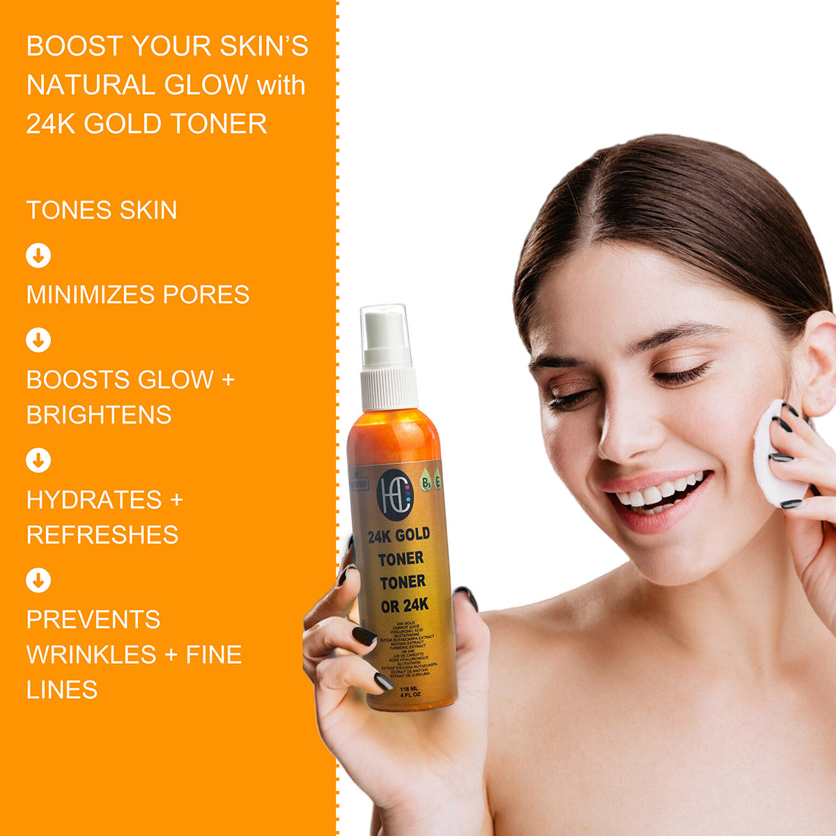 24K Gold Radiance Toner – Pore-Tightening Anti-Aging Face Elixir | Fresh Carrot Juice, Hyaluronic Acid, Glutathione & Vitamins B5 & E | Matcha & Turmeric | 118mL / 4 fl oz
