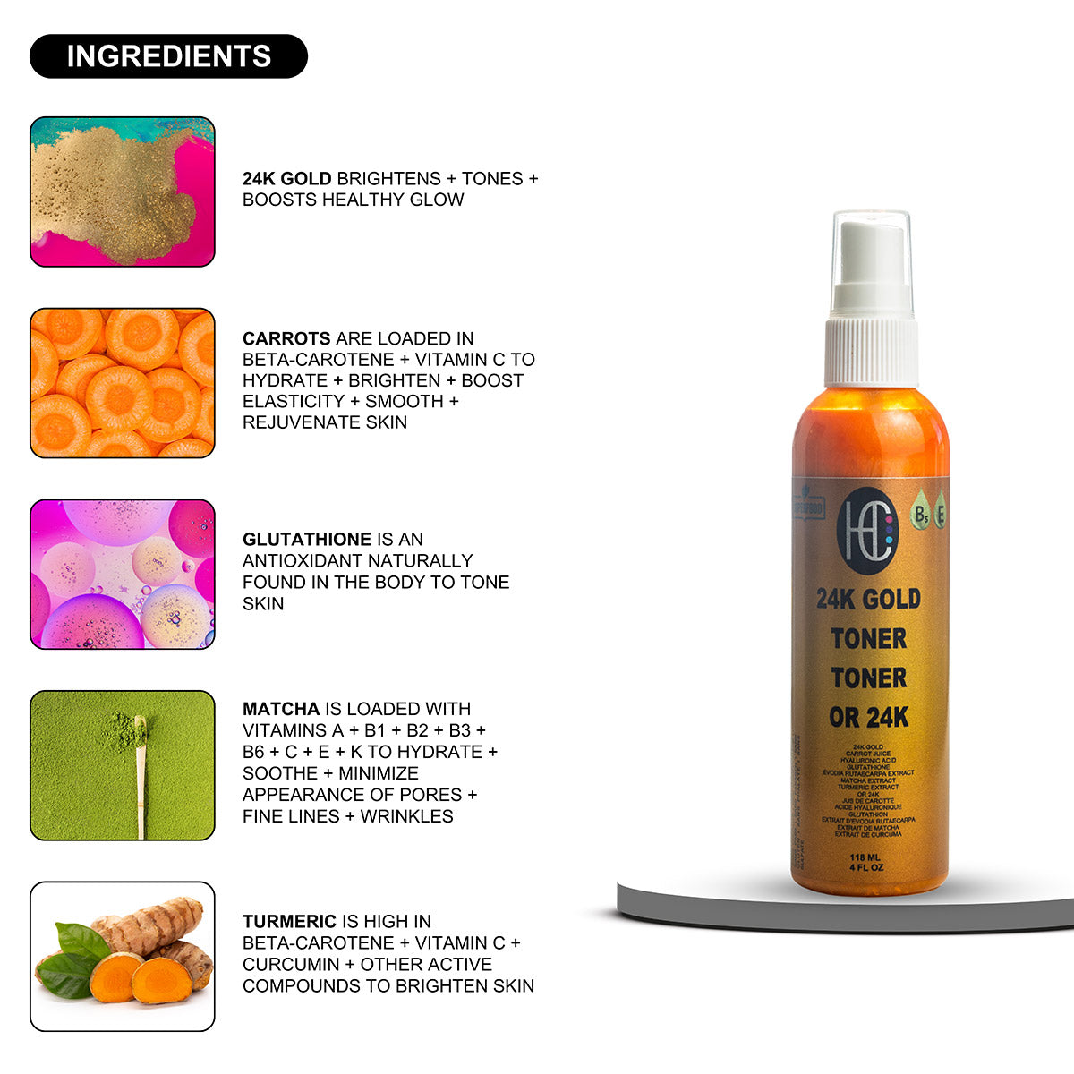 24K Gold Radiance Toner – Pore-Tightening Anti-Aging Face Elixir | Fresh Carrot Juice, Hyaluronic Acid, Glutathione & Vitamins B5 & E | Matcha & Turmeric | 118mL / 4 fl oz