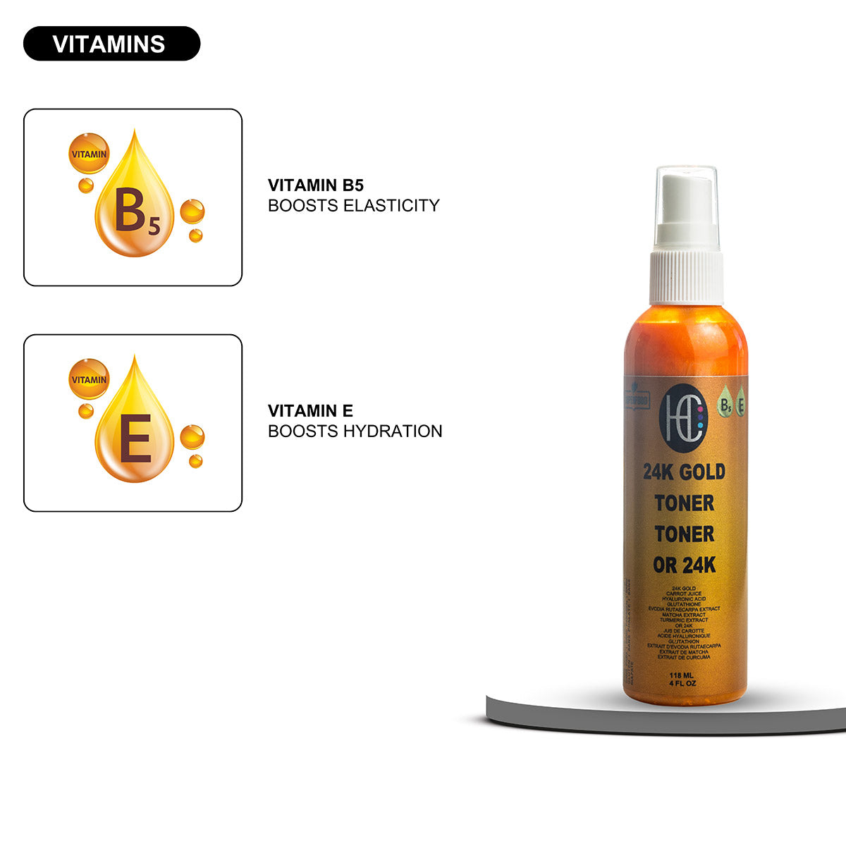 24K Gold Radiance Toner – Pore-Tightening Anti-Aging Face Elixir | Fresh Carrot Juice, Hyaluronic Acid, Glutathione & Vitamins B5 & E | Matcha & Turmeric | 118mL / 4 fl oz