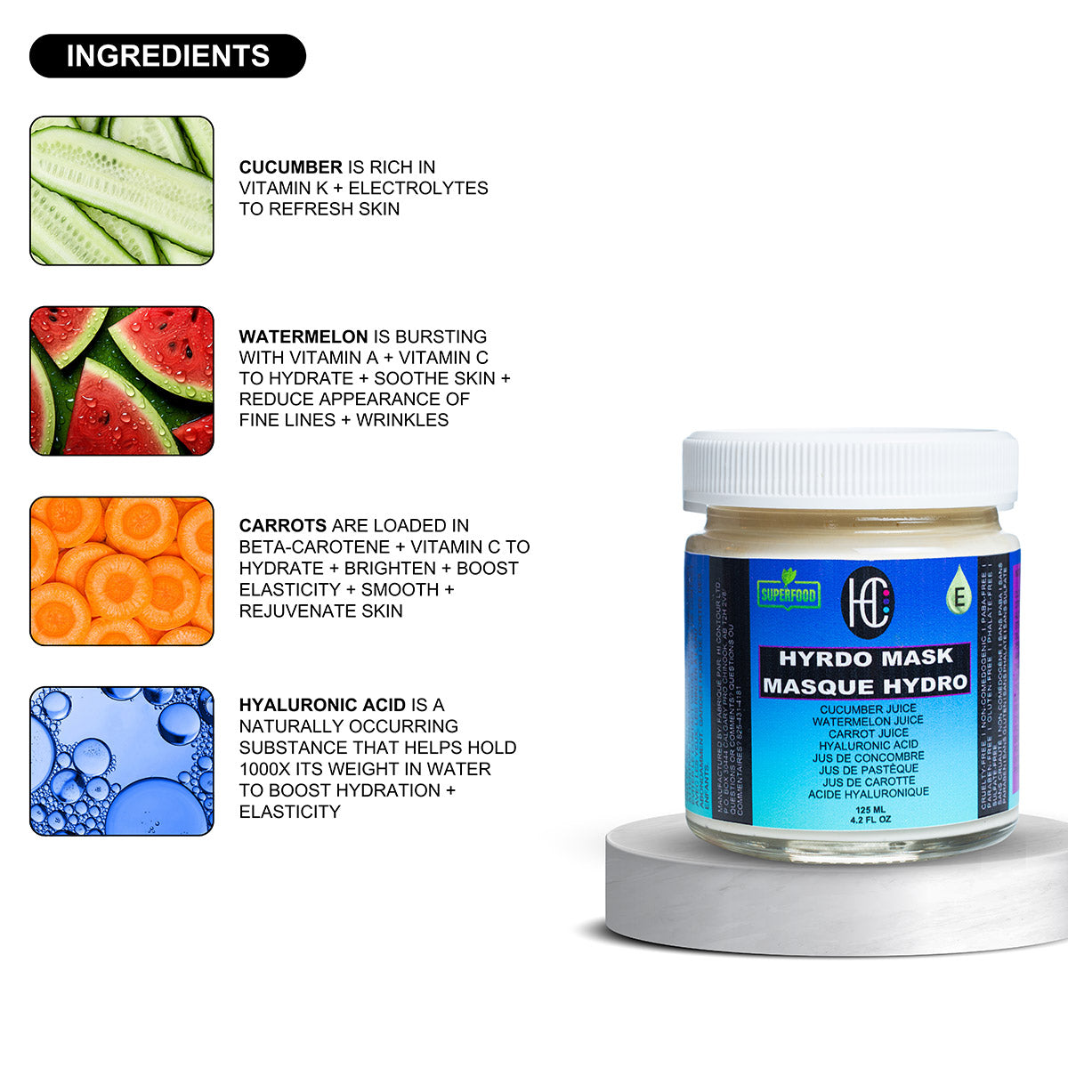 Hydro Mask – Weekly Hydration Boost | Fresh Cucumber, Watermelon & Carrot Juice | Hyaluronic Acid & Vitamin E | 125mL