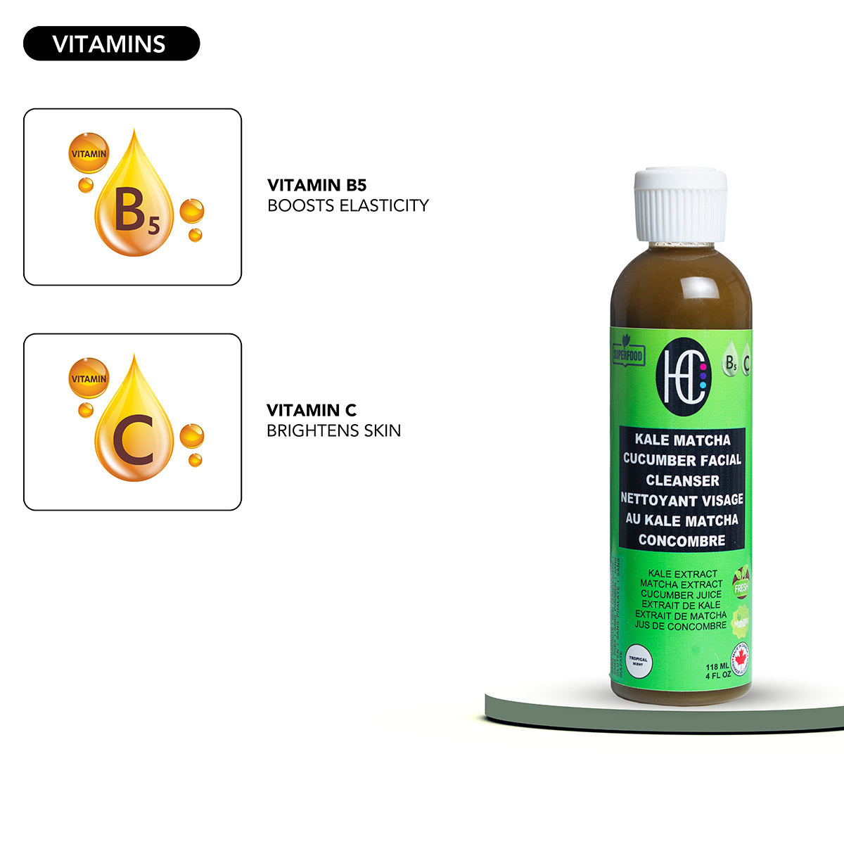 Kale Matcha Cucumber Facial Cleanser – Hydrating Daily Face Wash with Vitamin C & B5 | Removes Oil, Dirt & Makeup | 118ml / 4 fl oz