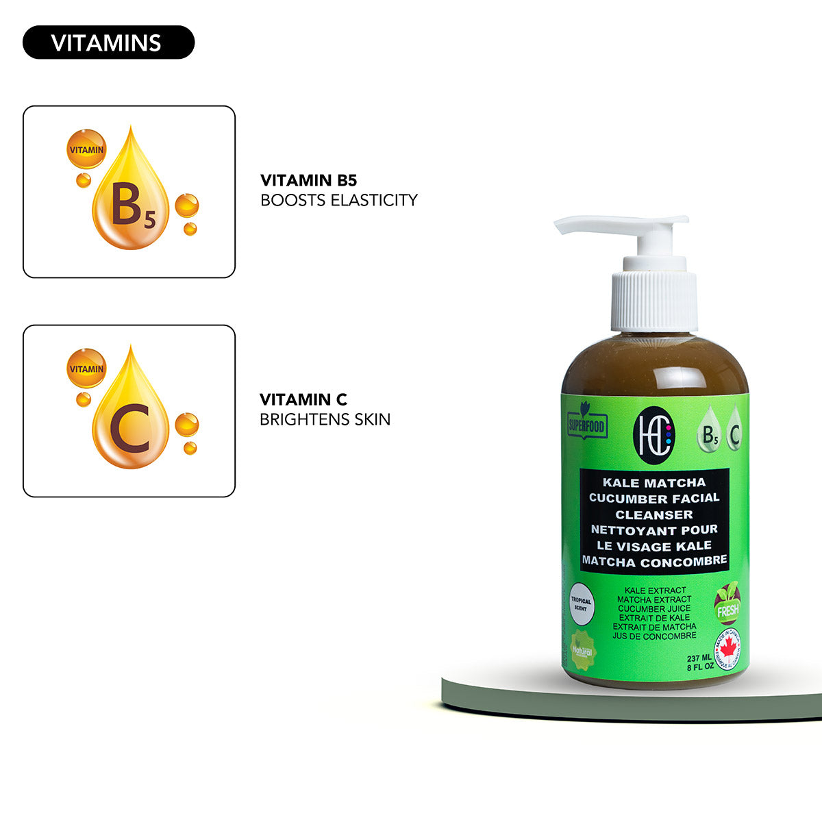 Kale Matcha Cucumber Facial Cleanser – Hydrating Daily Face Wash with Vitamin C & B5 | Removes Oil, Dirt & Makeup | 237ml / 8 fl oz