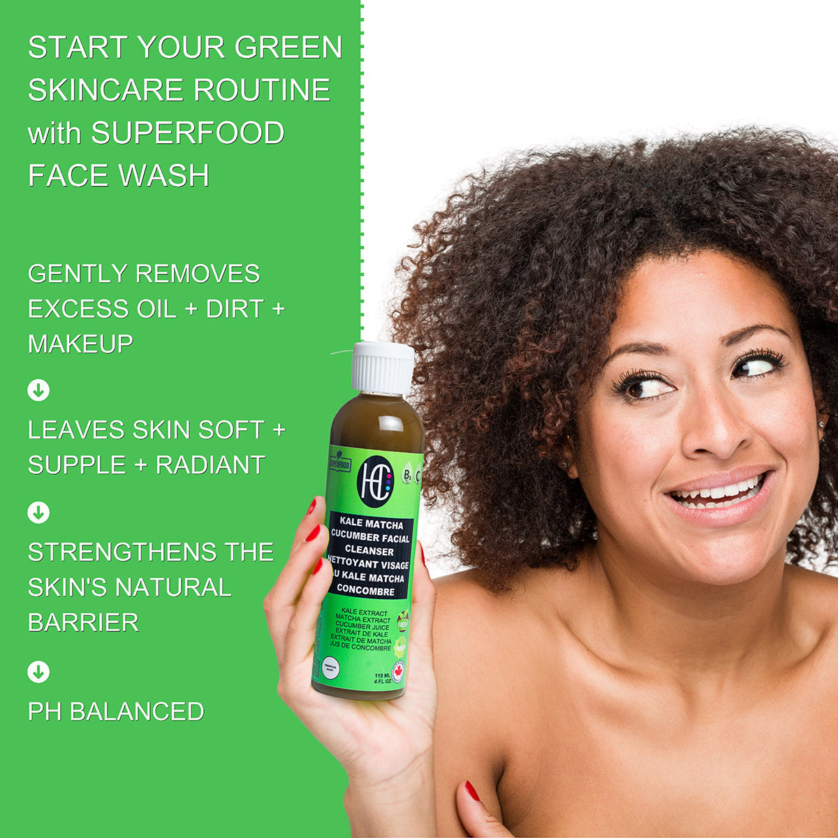 Kale Matcha Cucumber Facial Cleanser – Hydrating Daily Face Wash with Vitamin C & B5 | Removes Oil, Dirt & Makeup | 118ml / 4 fl oz