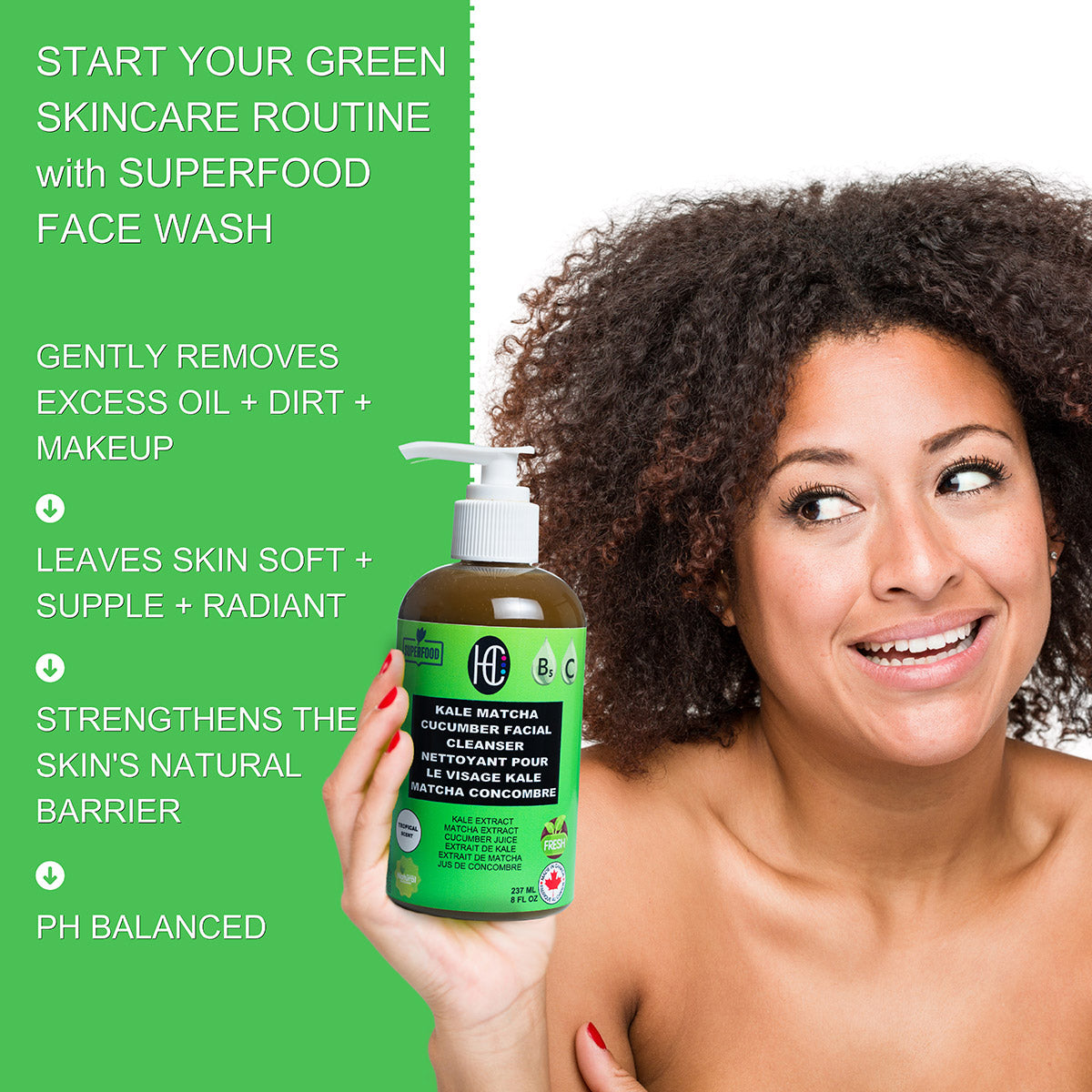 Kale Matcha Cucumber Facial Cleanser – Hydrating Daily Face Wash with Vitamin C & B5 | Removes Oil, Dirt & Makeup | 237ml / 8 fl oz
