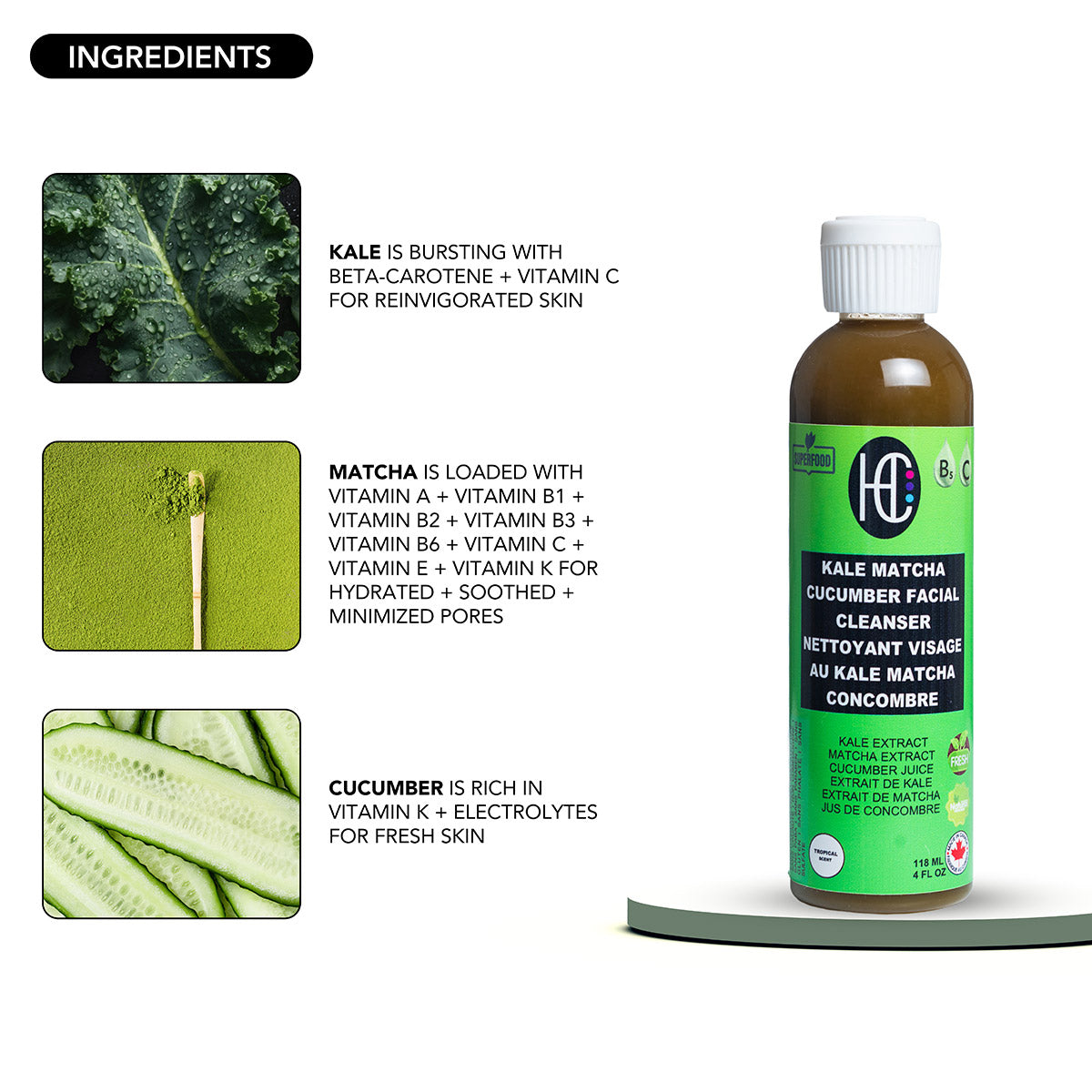 Kale Matcha Cucumber Facial Cleanser – Hydrating Daily Face Wash with Vitamin C & B5 | Removes Oil, Dirt & Makeup | 118ml / 4 fl oz