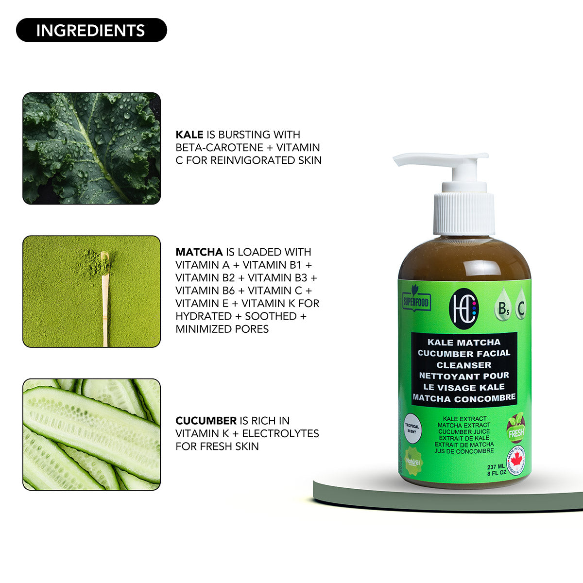 Kale Matcha Cucumber Facial Cleanser – Hydrating Daily Face Wash with Vitamin C & B5 | Removes Oil, Dirt & Makeup | 237ml / 8 fl oz