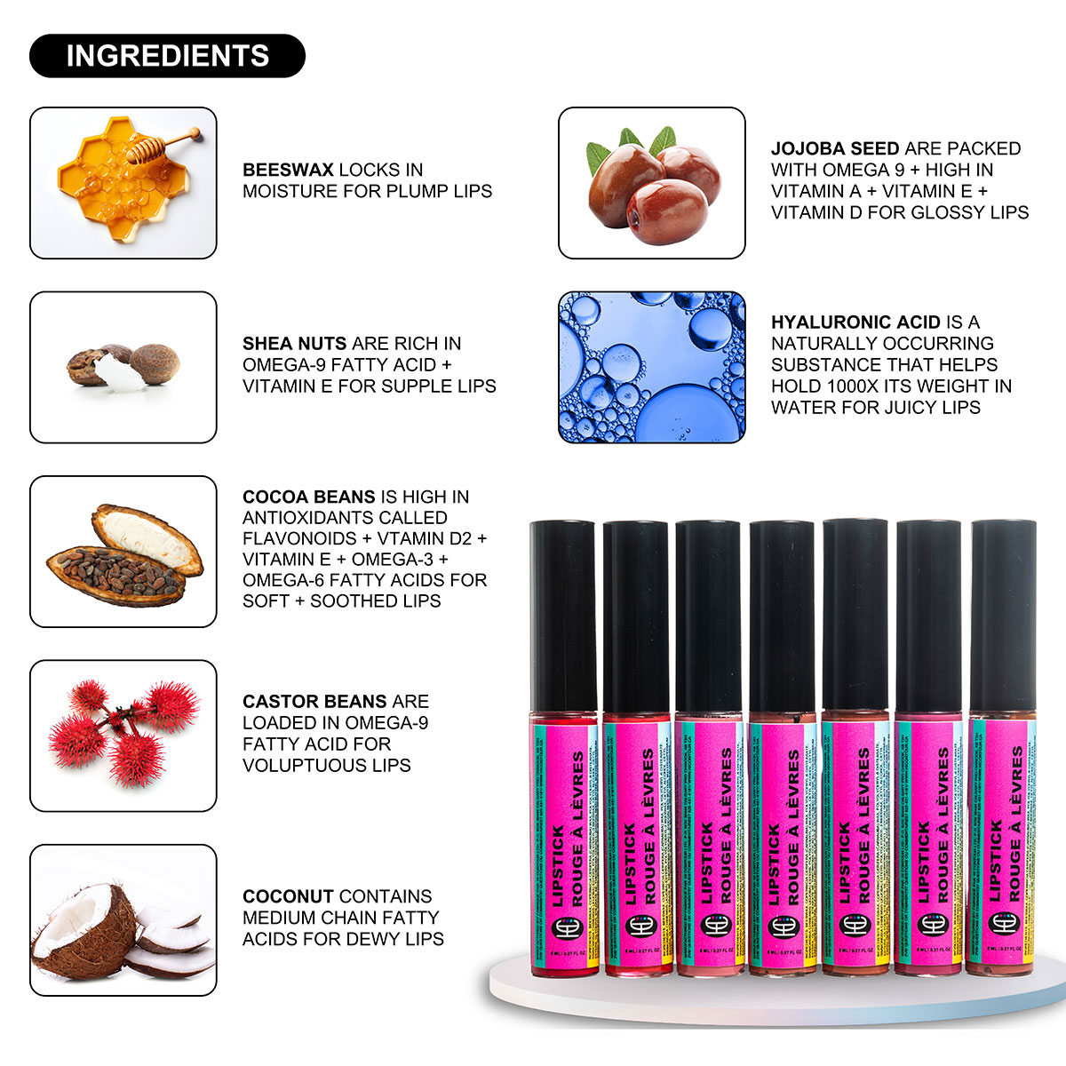 Hydrating Antioxidant Lipstick – Plant-Based Nourishment with Hyaluronic Acid, Vitamin C & E | Brightens & Softens Lips | 8ml / 0.28 fl oz