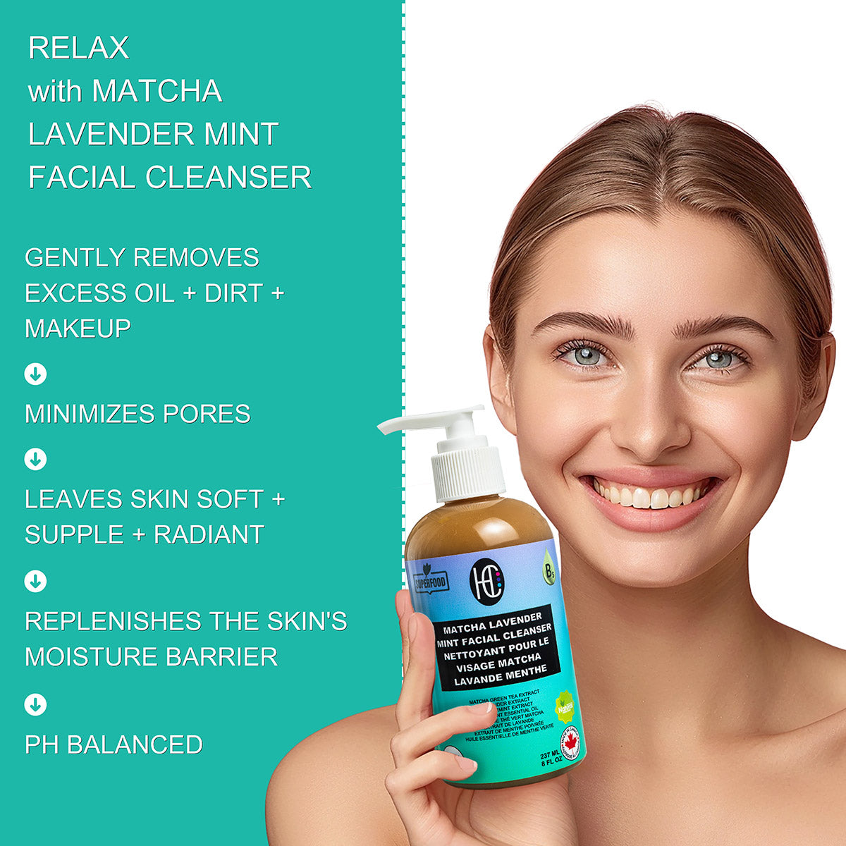 Matcha Lavender Mint Facial Cleanser – Hydrating Daily Face Wash with Plant-Based Extracts | Removes Dirt, Oil & Makeup | 237mL / 8 fl oz