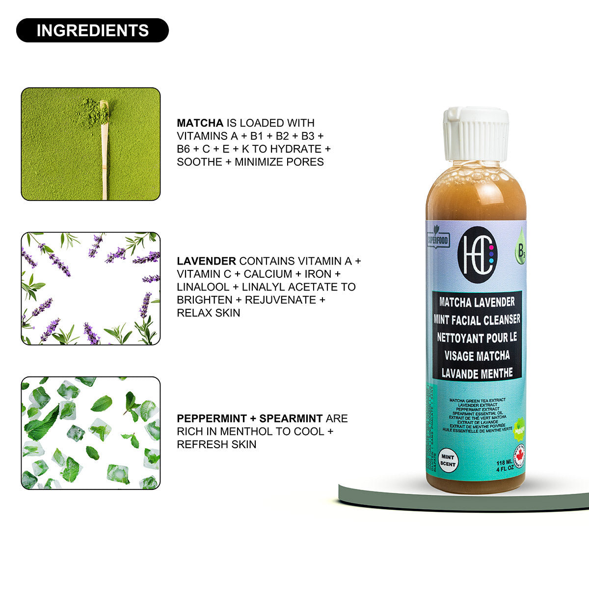 Matcha Lavender Mint Facial Cleanser – Daily Hydrating Face Wash | Matcha, Lavender & Fresh Mint | Avocado Oil & Vitamin B5 | 118mL / 4 fl oz
