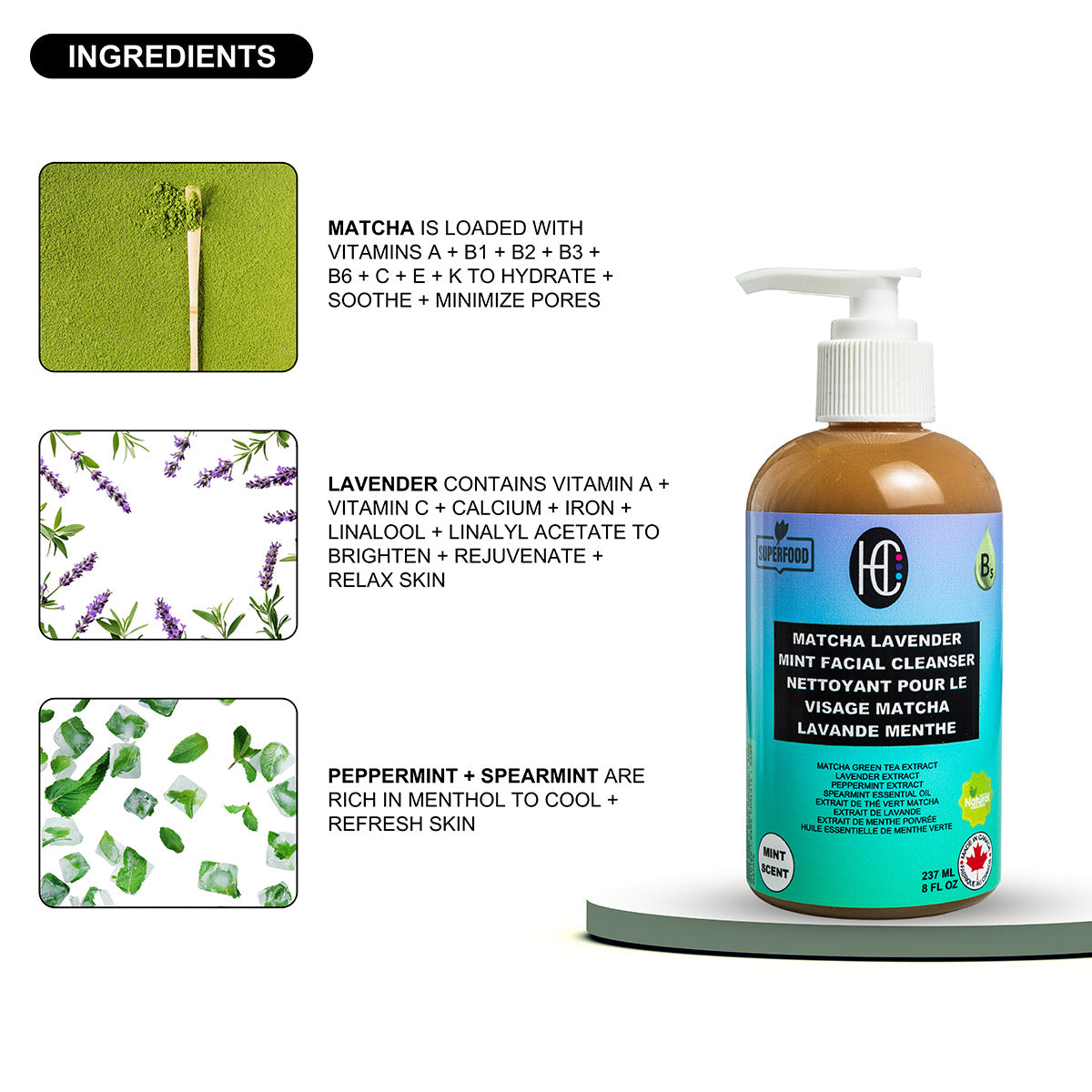 Matcha Lavender Mint Facial Cleanser – Hydrating Daily Face Wash with Plant-Based Extracts | Removes Dirt, Oil & Makeup | 237mL / 8 fl oz