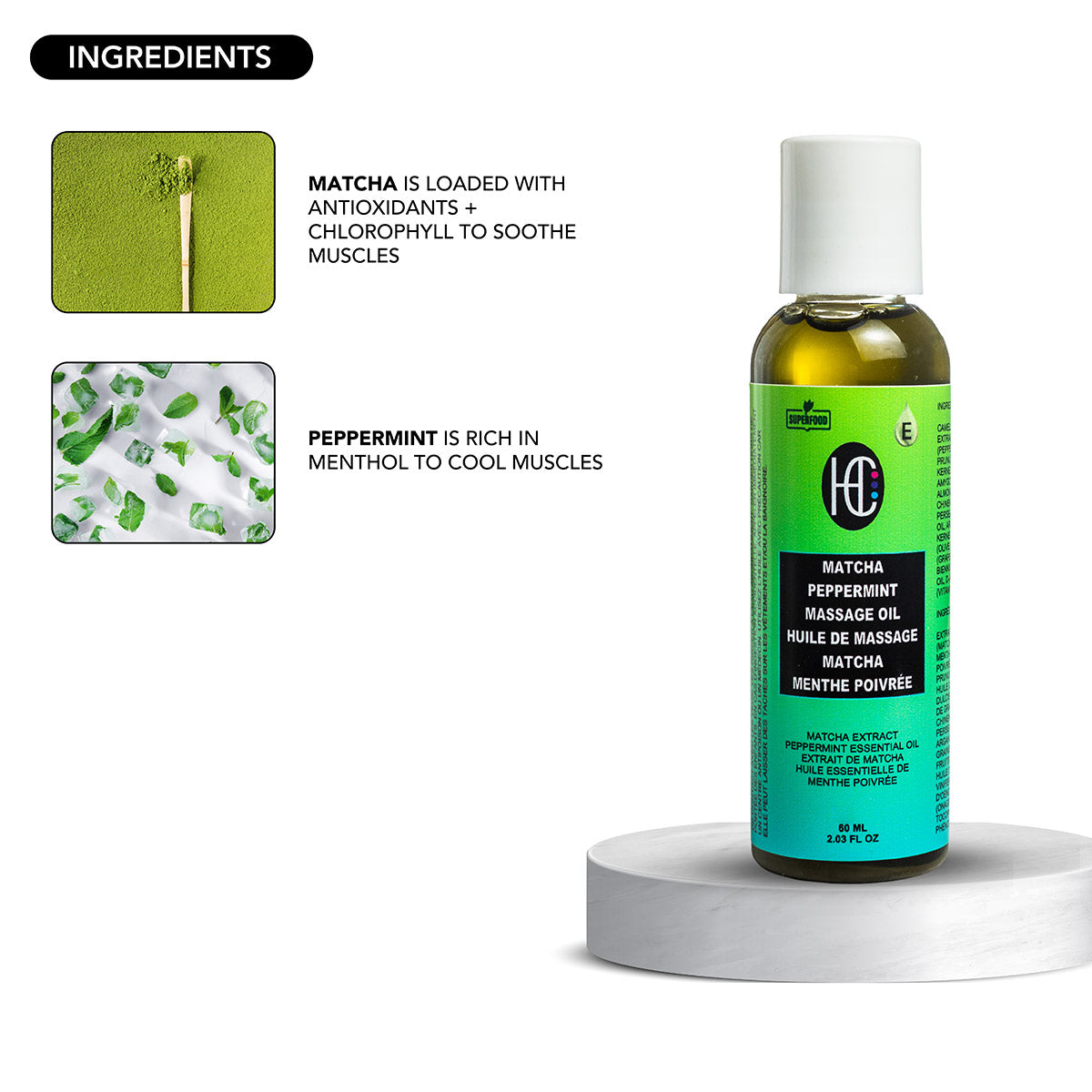 Matcha & Peppermint Massage Oil – Cooling, Relaxing & Hydrating | Vitamin E & Botanical Oils | 60mL