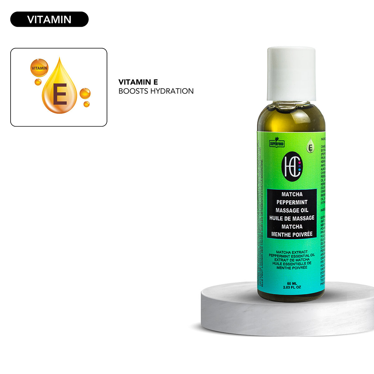 Matcha & Peppermint Massage Oil – Cooling, Relaxing & Hydrating | Vitamin E & Botanical Oils | 60mL