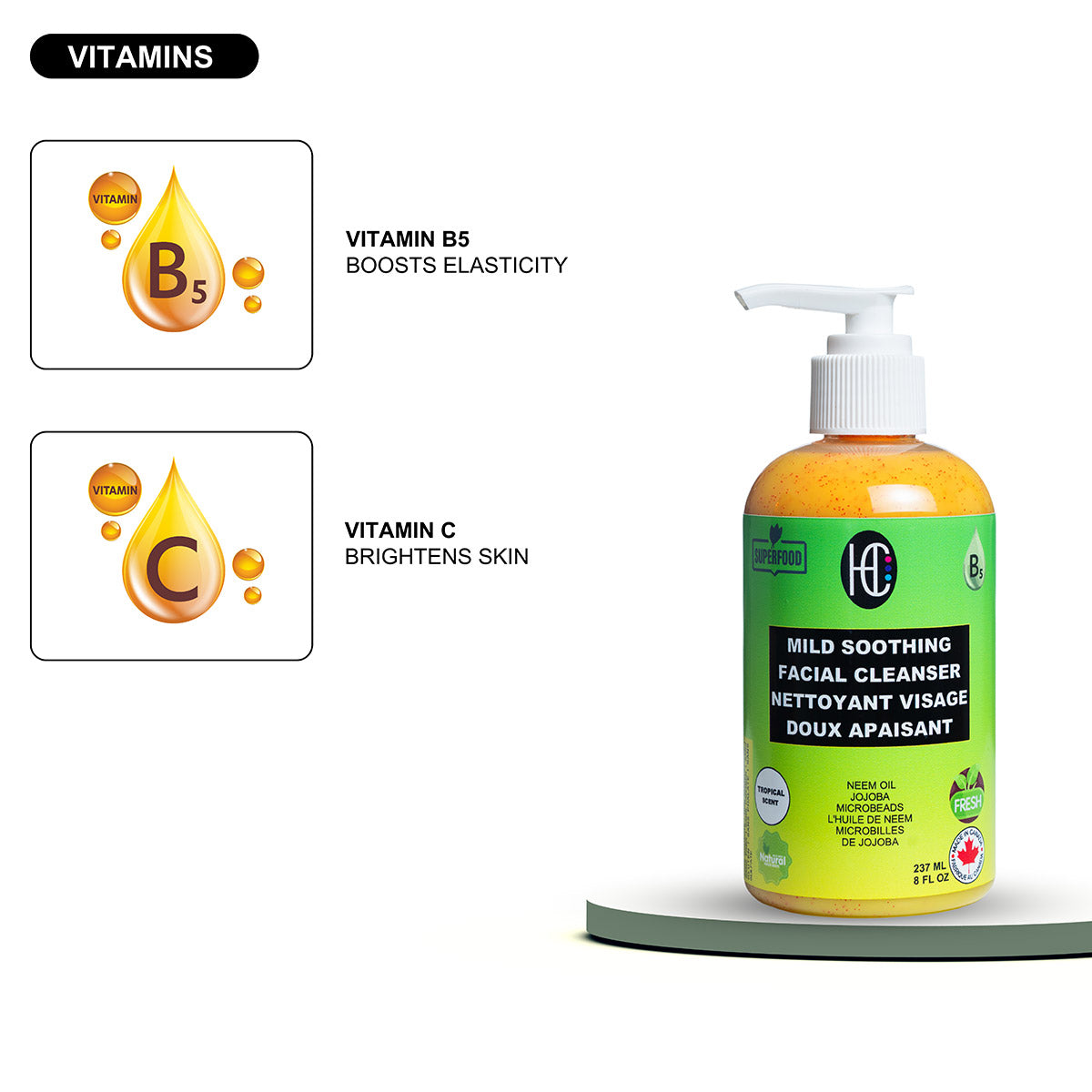 Mild Soothing Facial Cleanser – Daily Hydrating Face Wash | Neem Oil + Jojoba Microbeads + Avocado Oil | Removes Oil, Dirt & Makeup | Vitamin B5 for Elasticity | 237mL