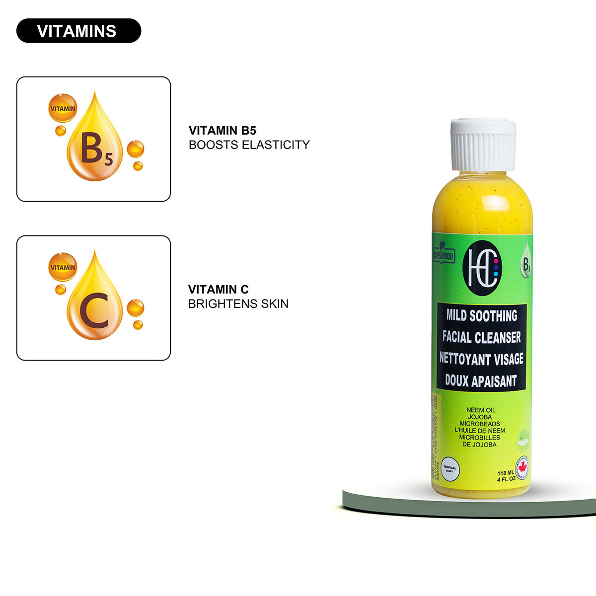Mild Soothing Facial Cleanser – Daily Hydrating Face Wash with Neem Oil & Jojoba Microbeads | Vitamin B5 & Avocado Oil | 118mL / 4 fl oz