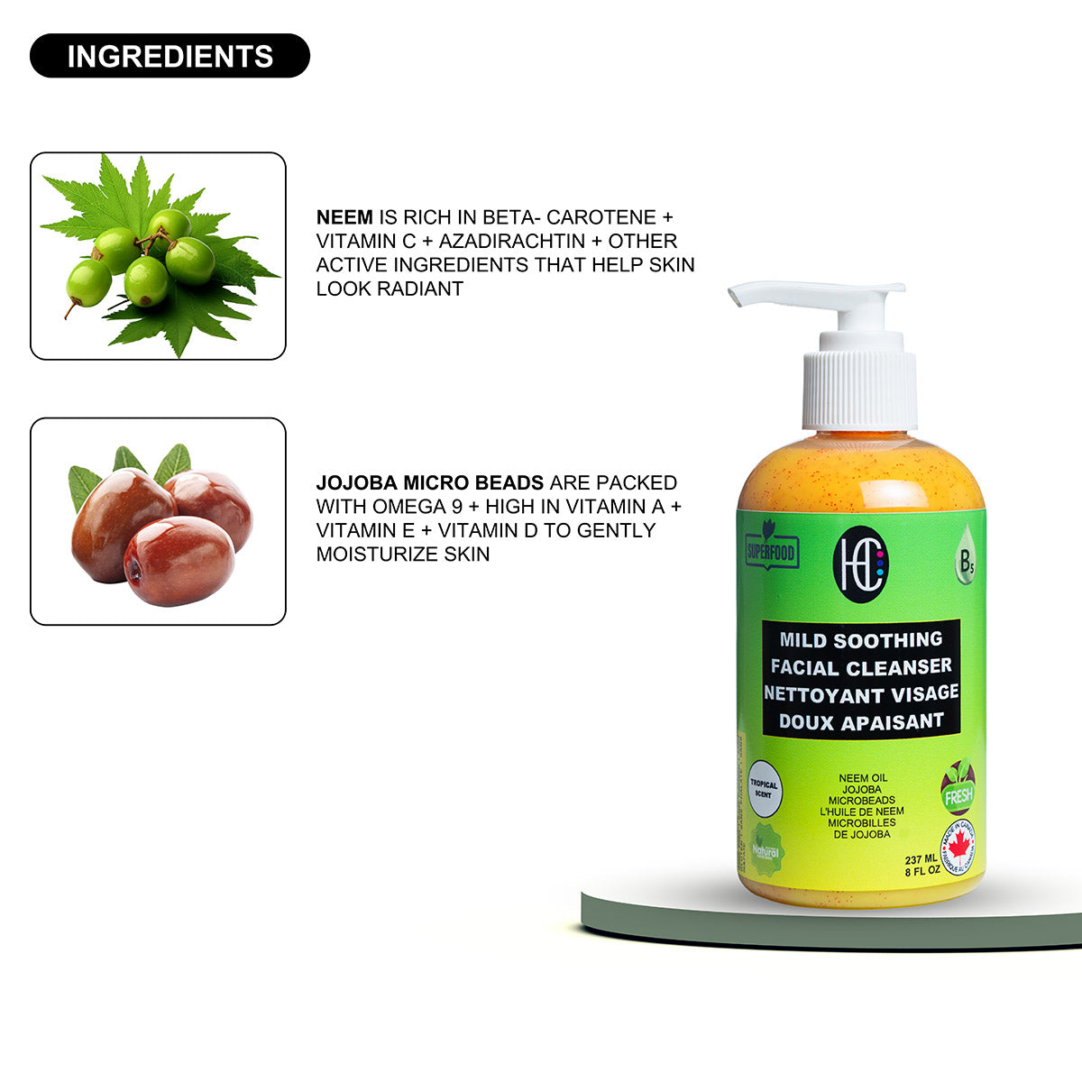 Mild Soothing Facial Cleanser – Daily Hydrating Face Wash | Neem Oil + Jojoba Microbeads + Avocado Oil | Removes Oil, Dirt & Makeup | Vitamin B5 for Elasticity | 237mL
