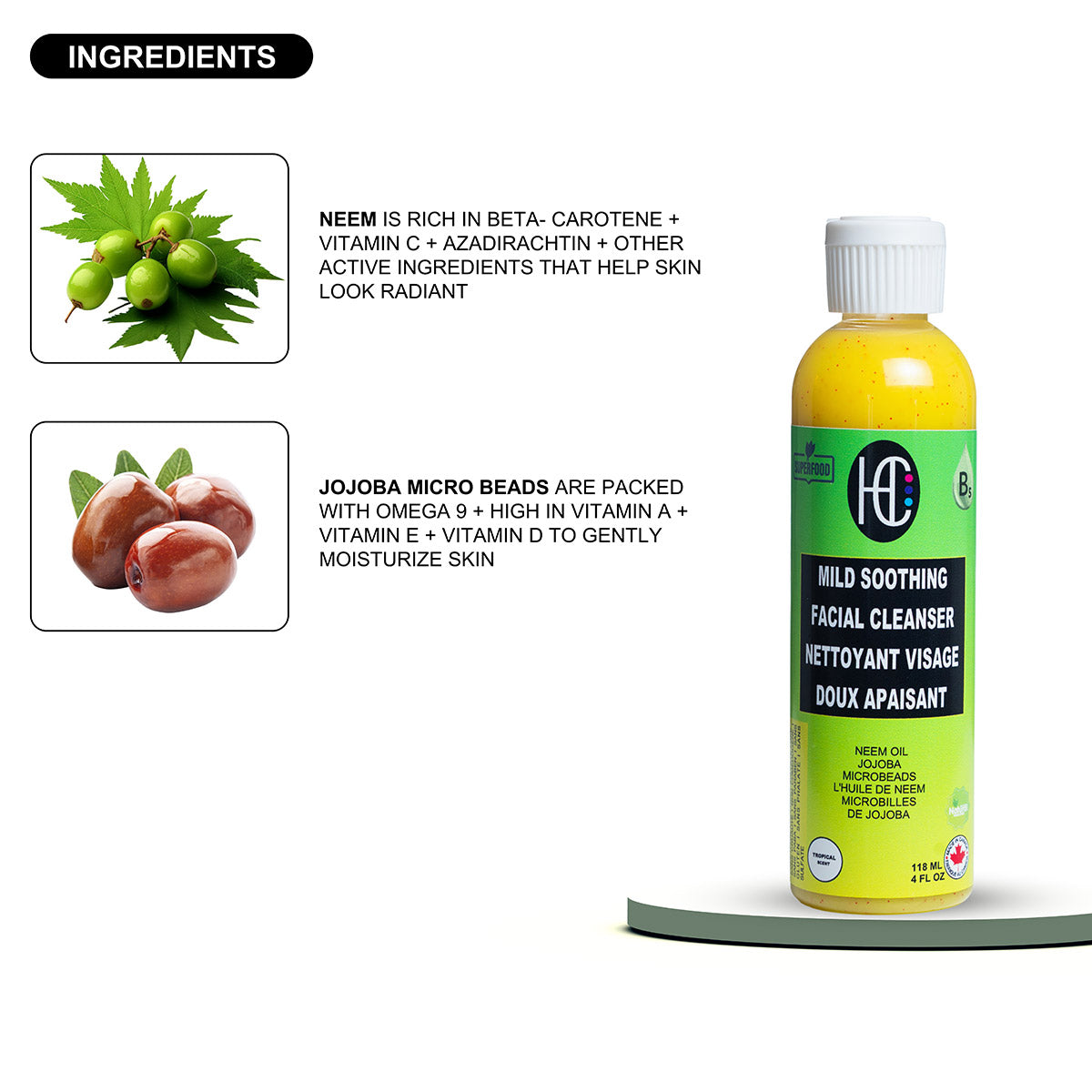 Mild Soothing Facial Cleanser – Daily Hydrating Face Wash with Neem Oil & Jojoba Microbeads | Vitamin B5 & Avocado Oil | 118mL / 4 fl oz