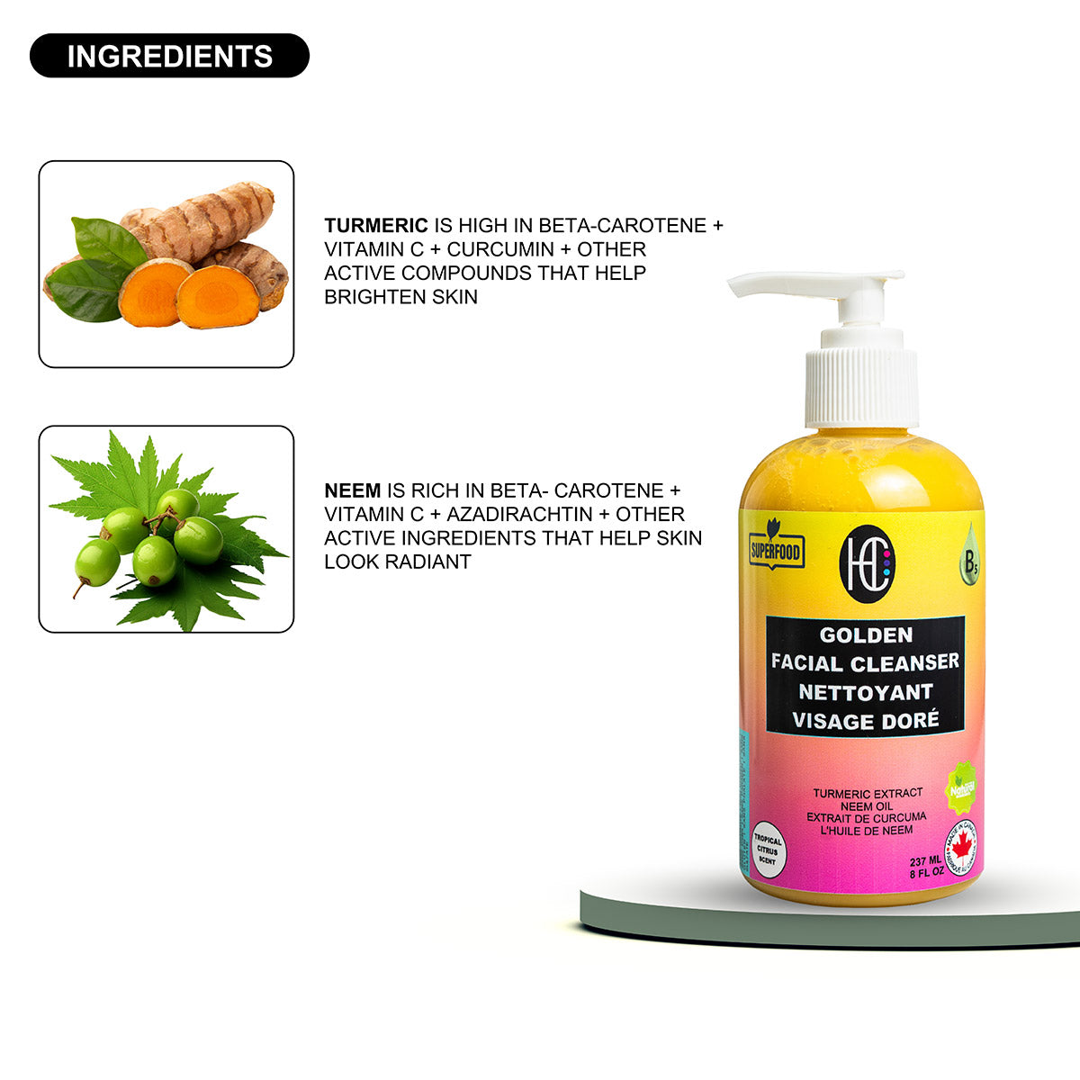 New Golden Facial Cleanser – Daily Hydrating Face Wash | Turmeric Extract + Neem Oil + Vitamin B5 | 237mL