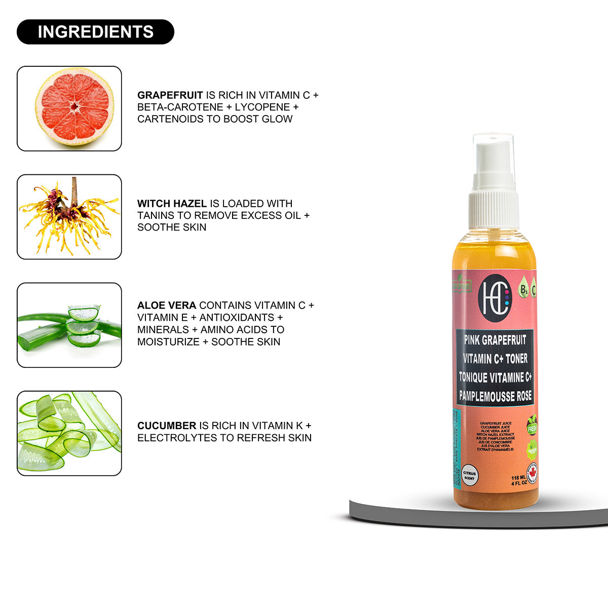 Pink Grapefruit Brightening Face Toner – Refreshing, Pore-Minimizing & Hydrating | Aloe Vera, Cucumber & Willow Bark | 118mL