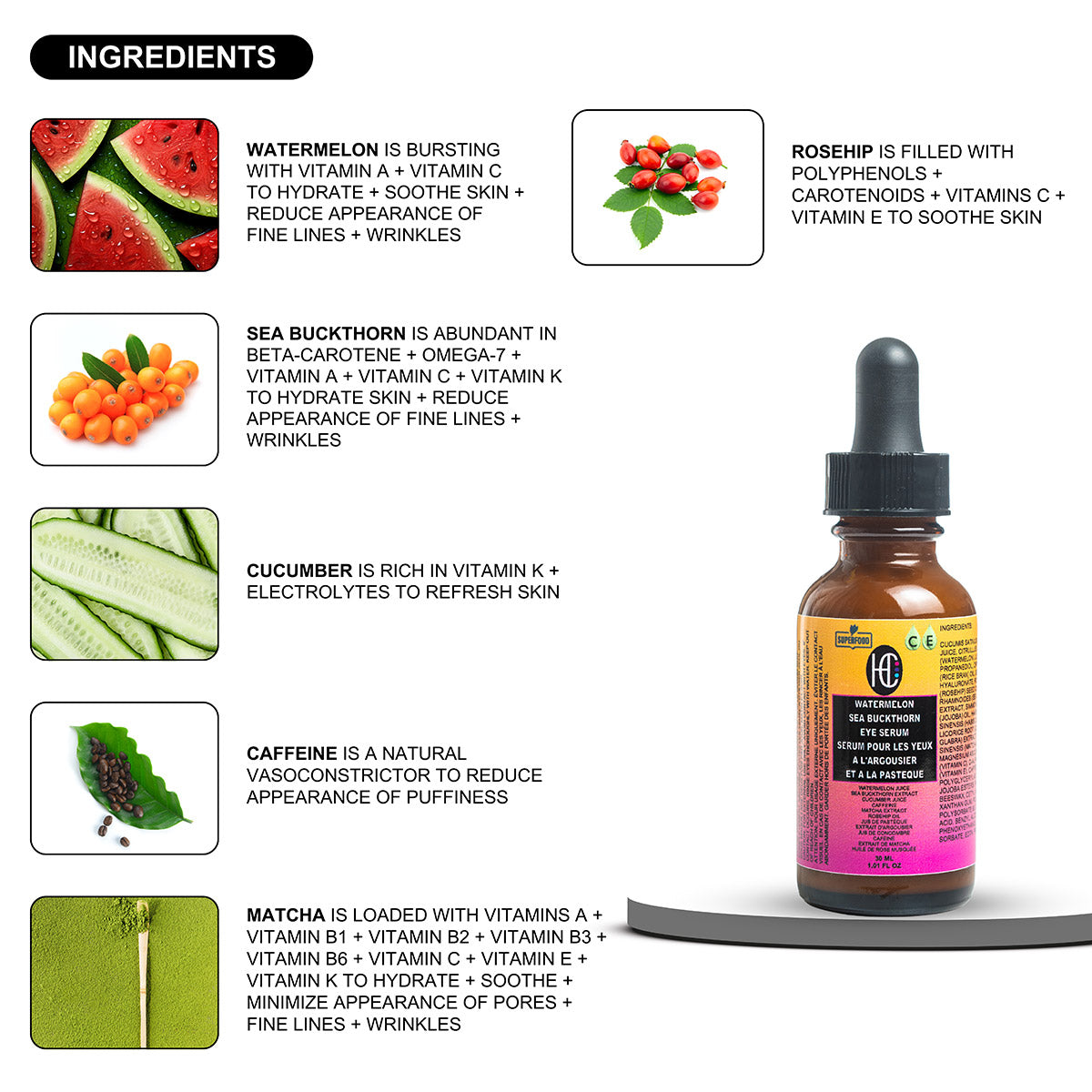 Watermelon & Sea Buckthorn Brightening Eye Serum – Reduces Dark Circles & Puffiness | Vitamin C + Caffeine Boost