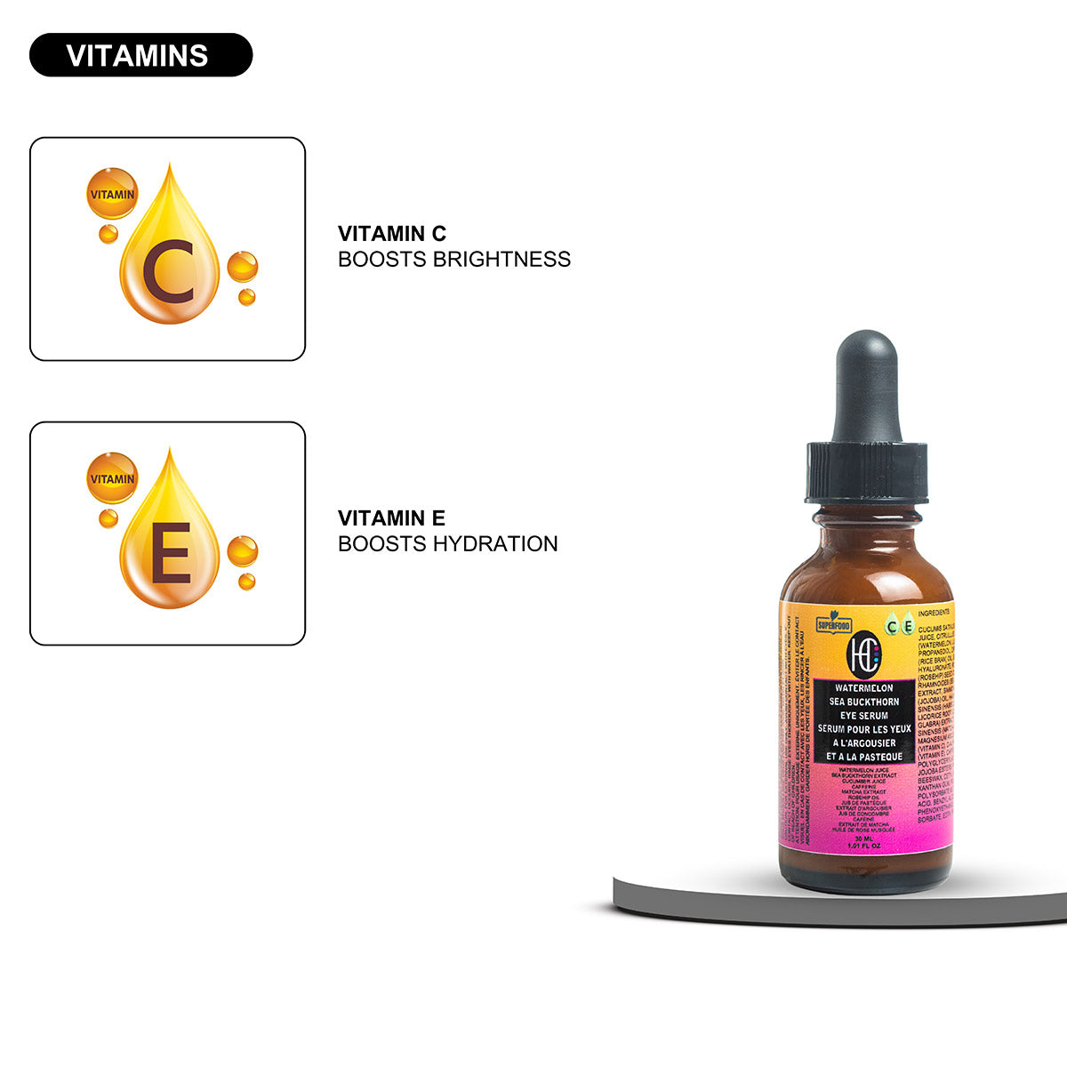 Watermelon & Sea Buckthorn Brightening Eye Serum – Reduces Dark Circles & Puffiness | Vitamin C + Caffeine Boost